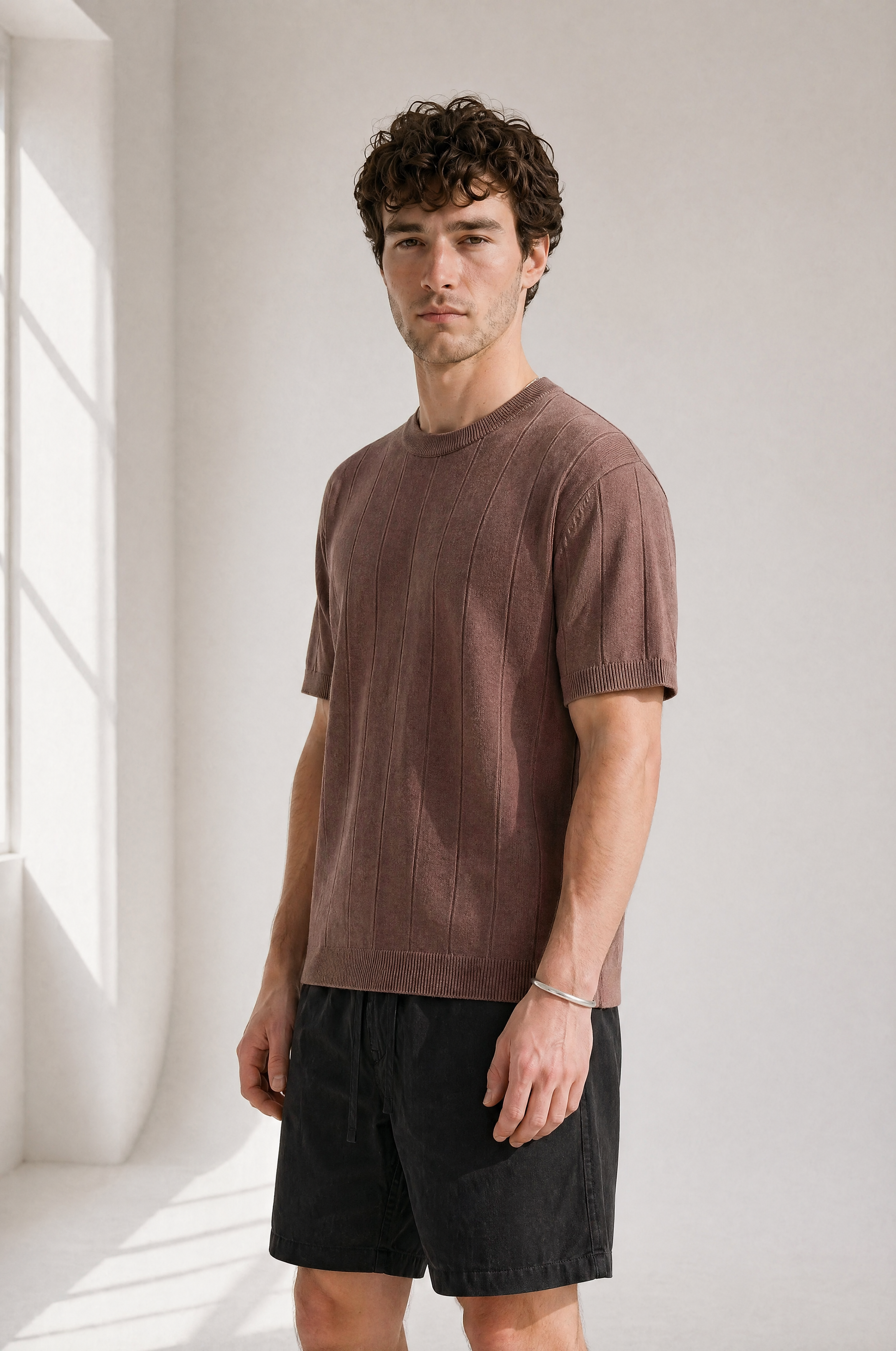 Slub Knit Tee - Brown - side view