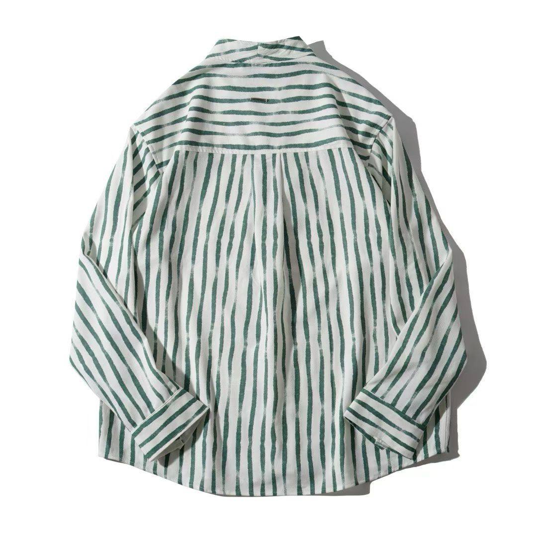 Irregular Stripe Band Collar Shirt - Green