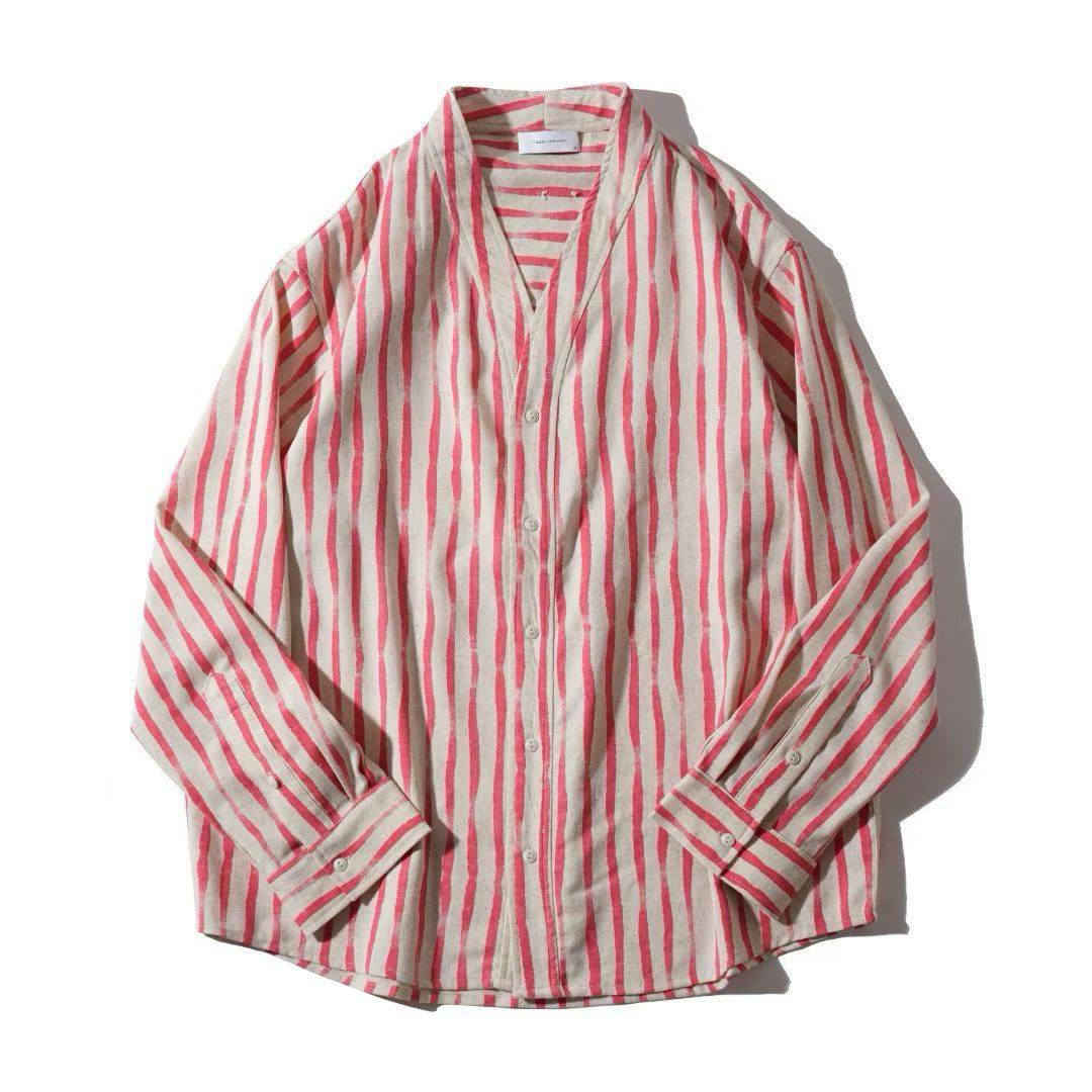 Irregular Stripe Band Collar Shirt - Red