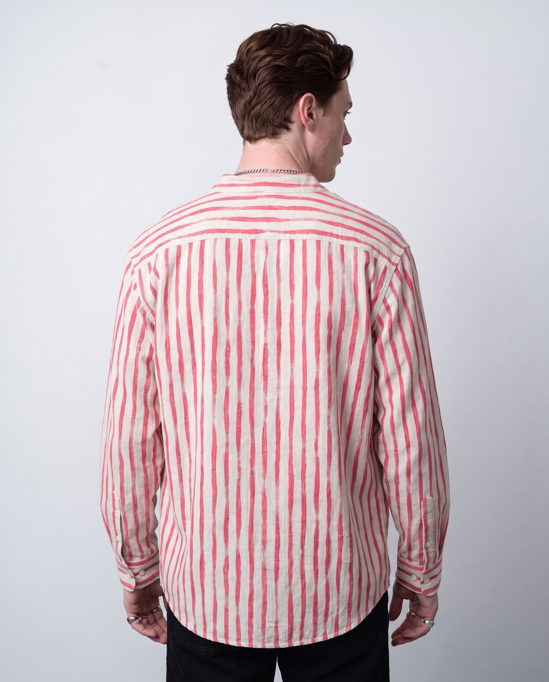 Irregular Stripe Band Collar Shirt - Red