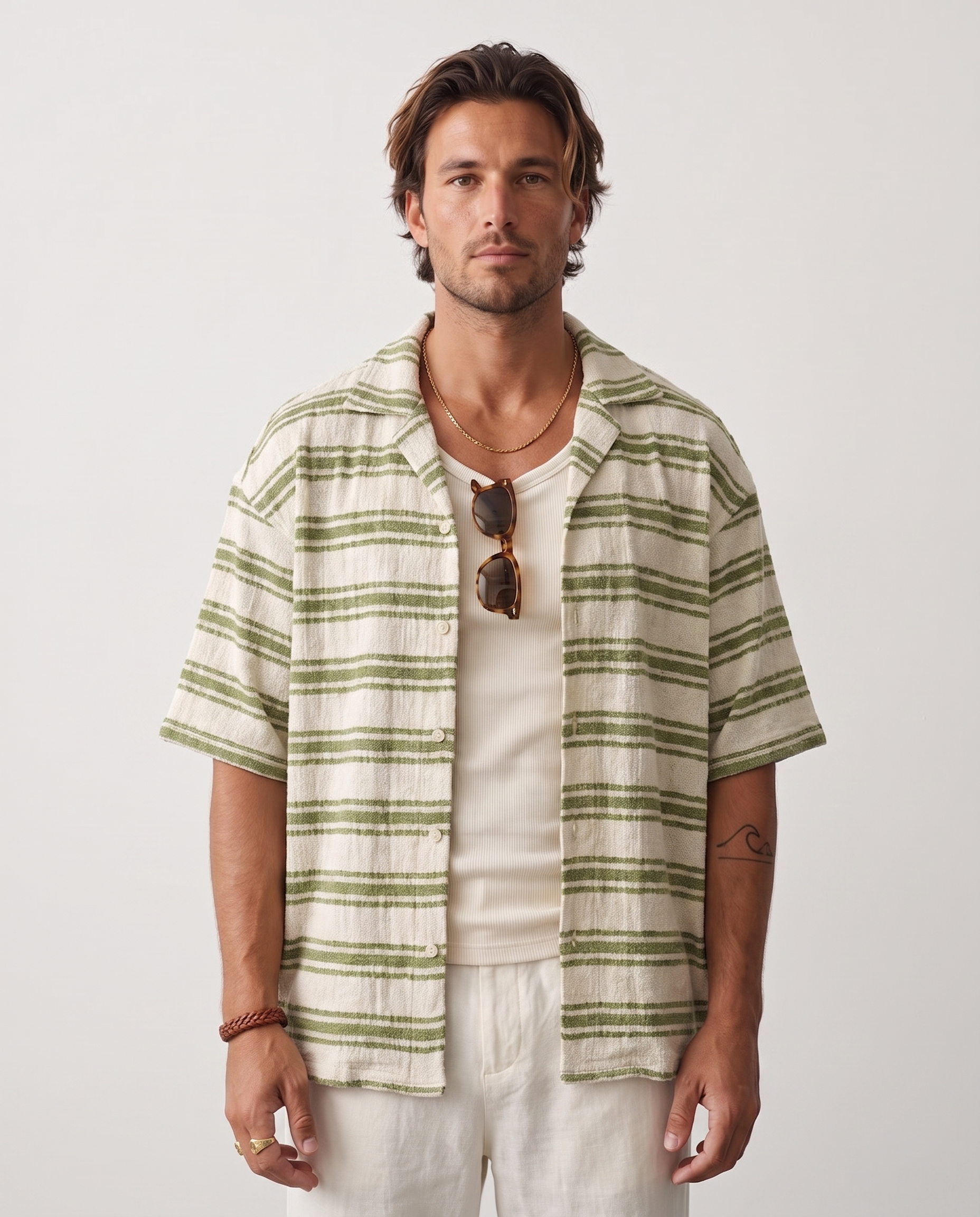 Textured Stripe Resort Shirt - Olive Stripe