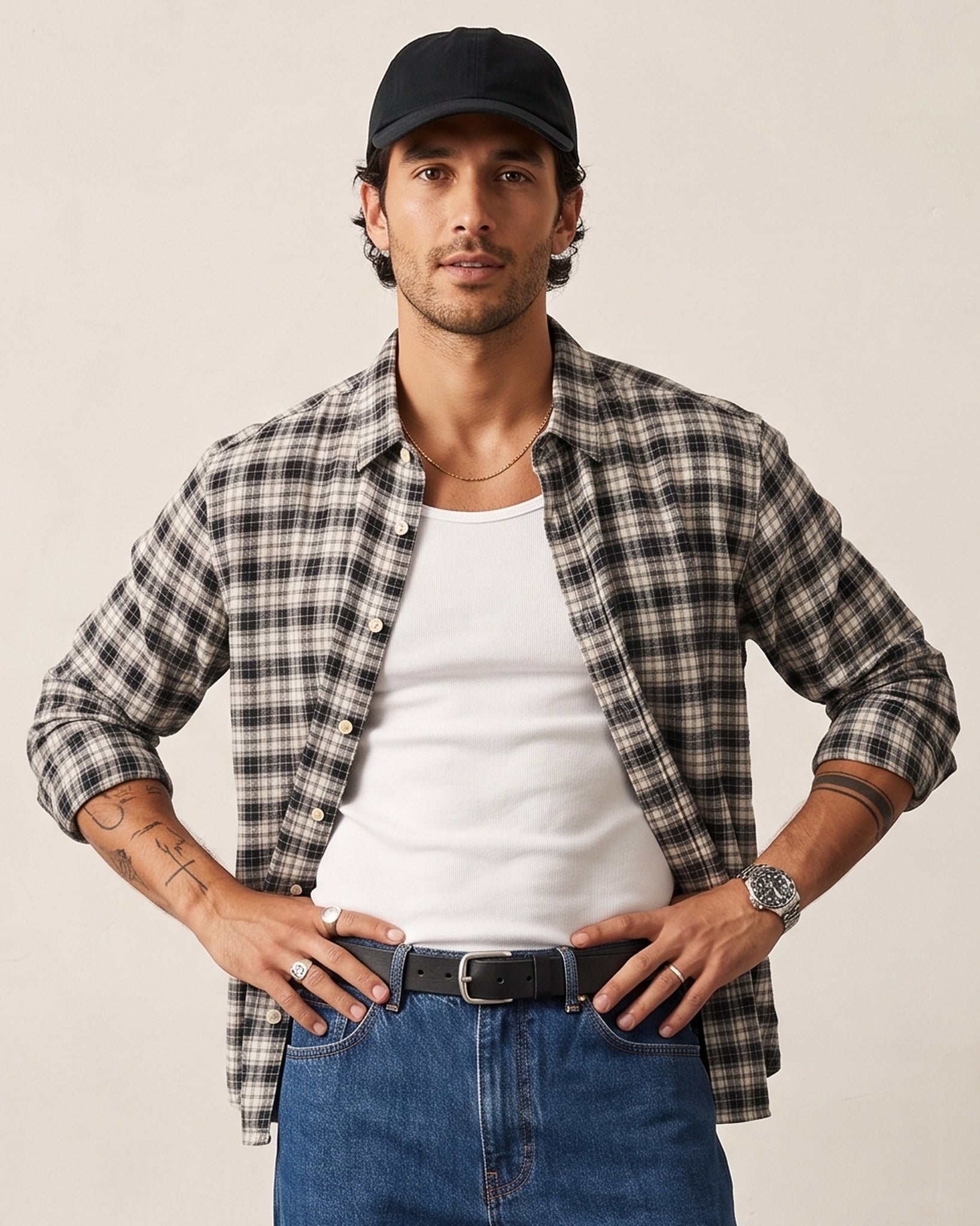 Hipland Yarn-Dyed Plaid Shirt Black front
