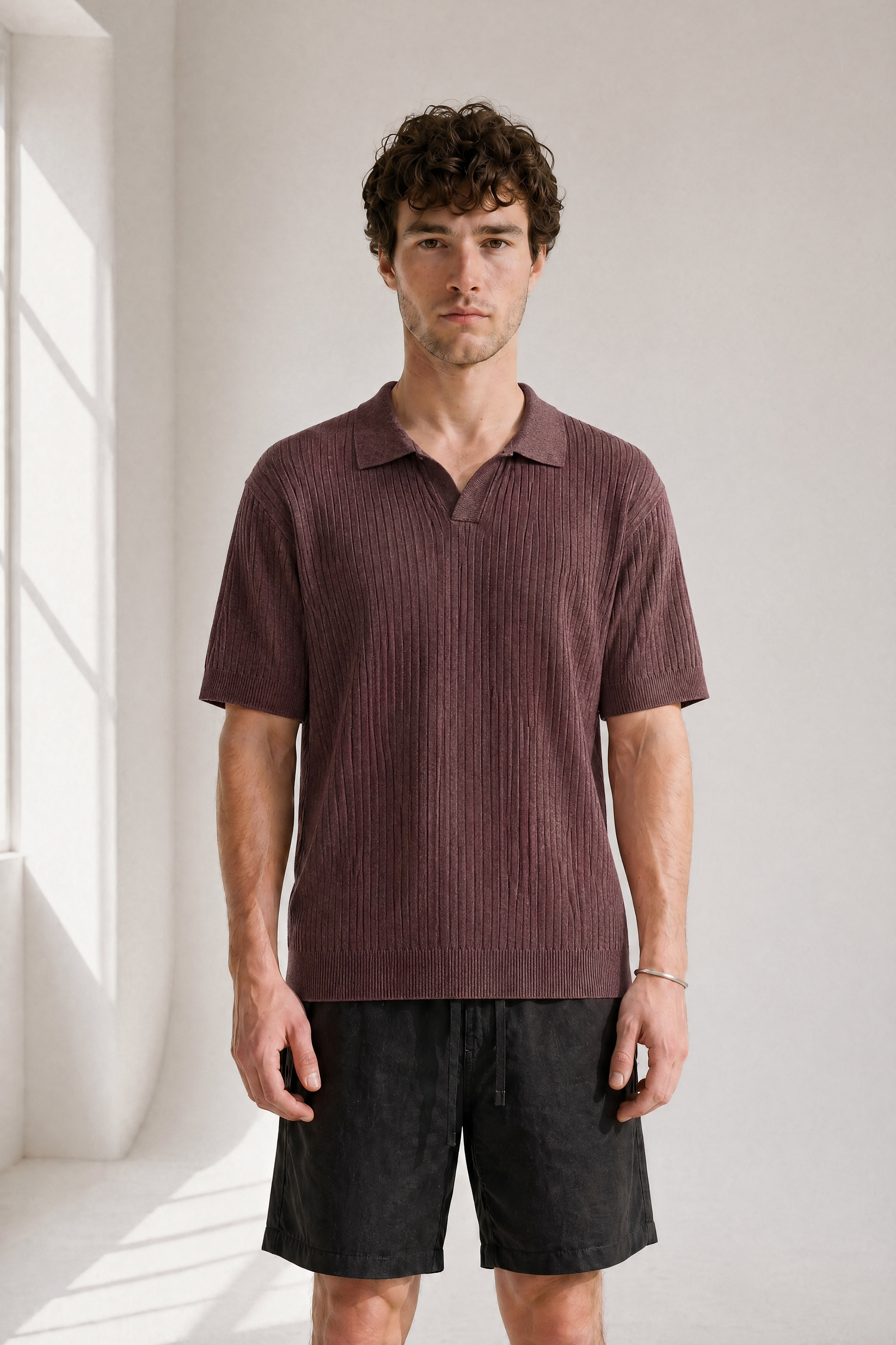 Rib Knit Polo - Burgundy - detail view