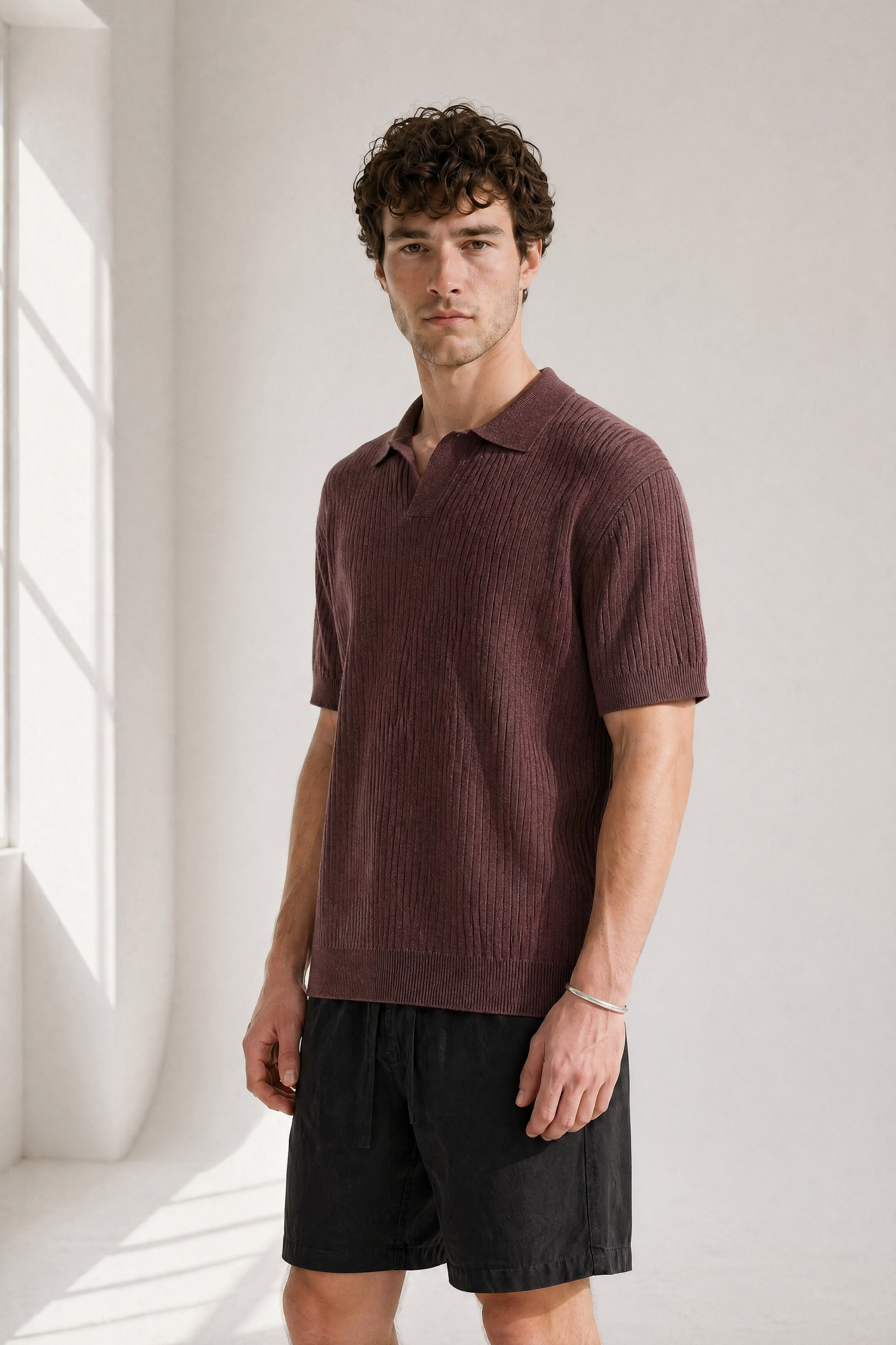 Rib Knit Polo - Burgundy - front view