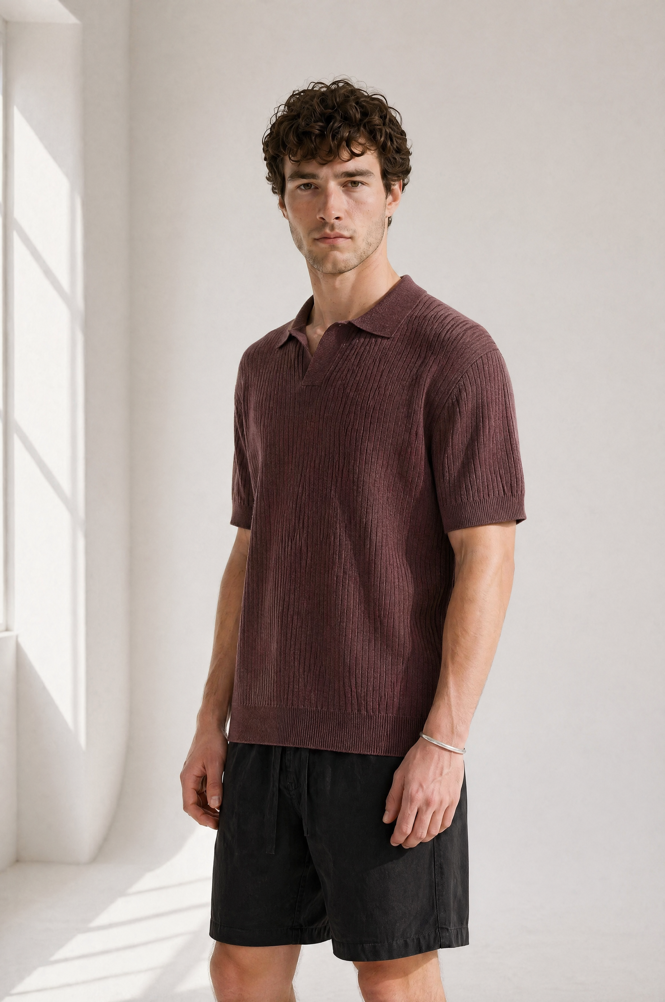 Rib Knit Polo - Burgundy - front view