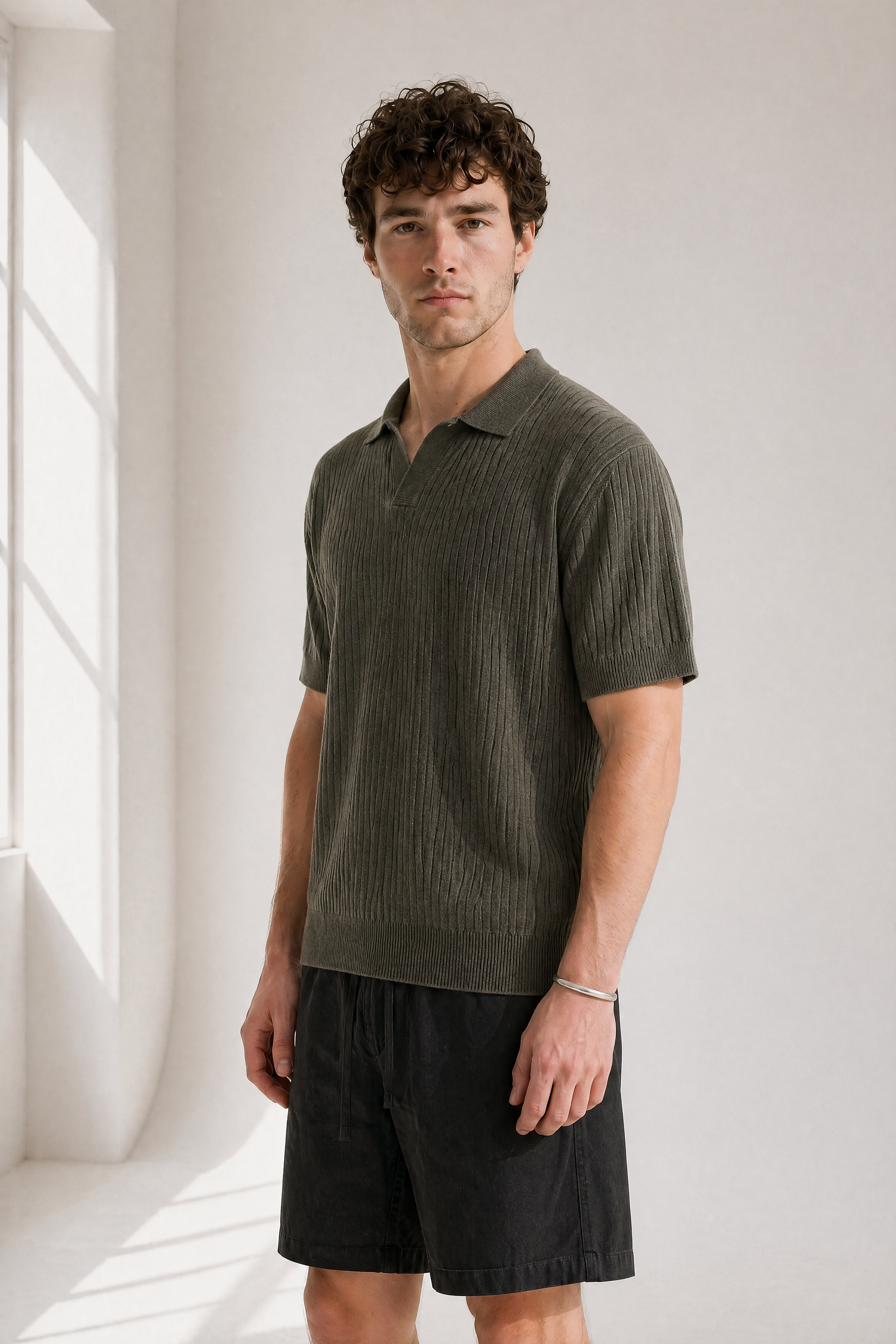 Rib Knit Polo - Olive - detail view