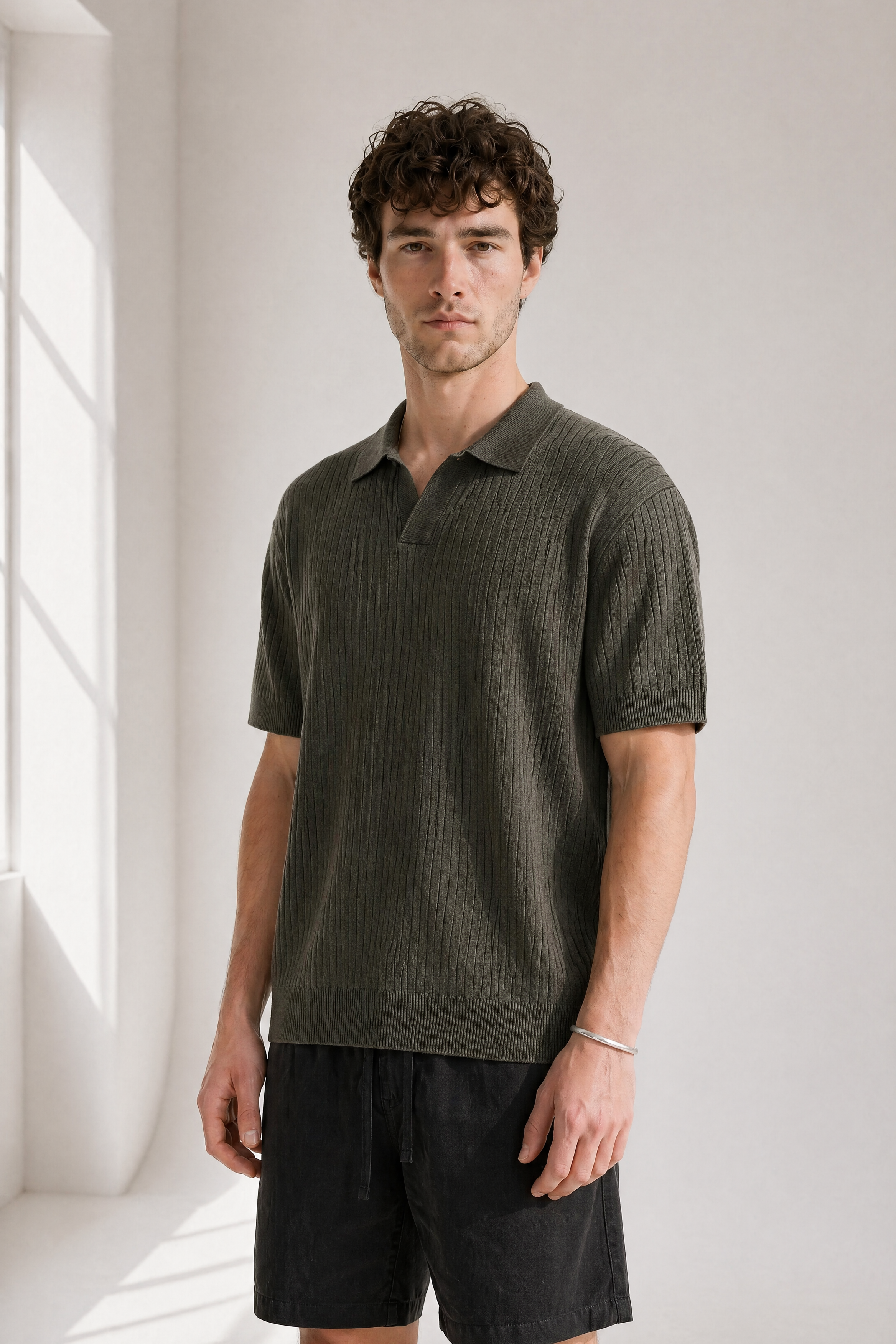 Rib Knit Polo - Olive - side view