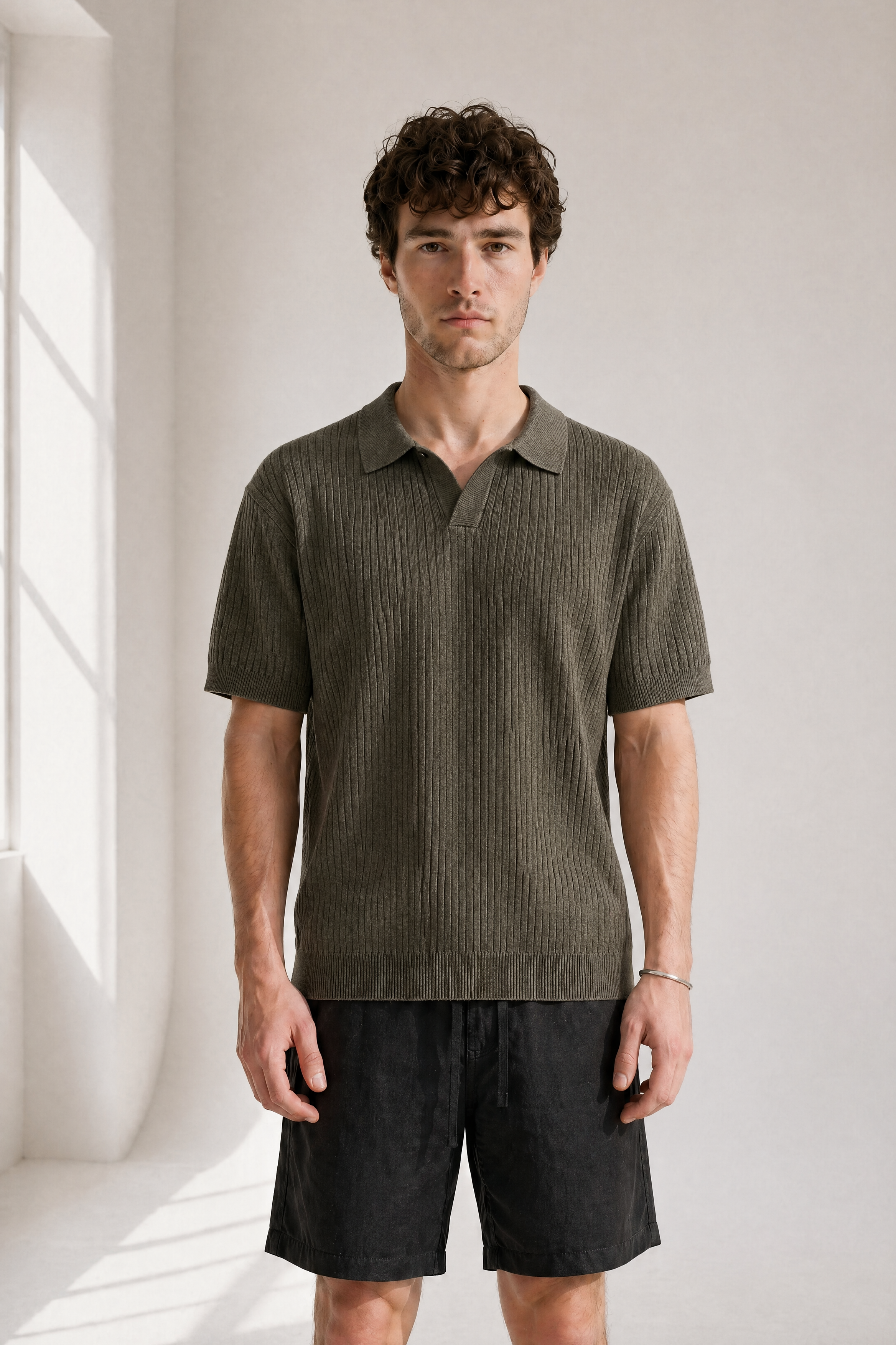 Rib Knit Polo - Olive - front view