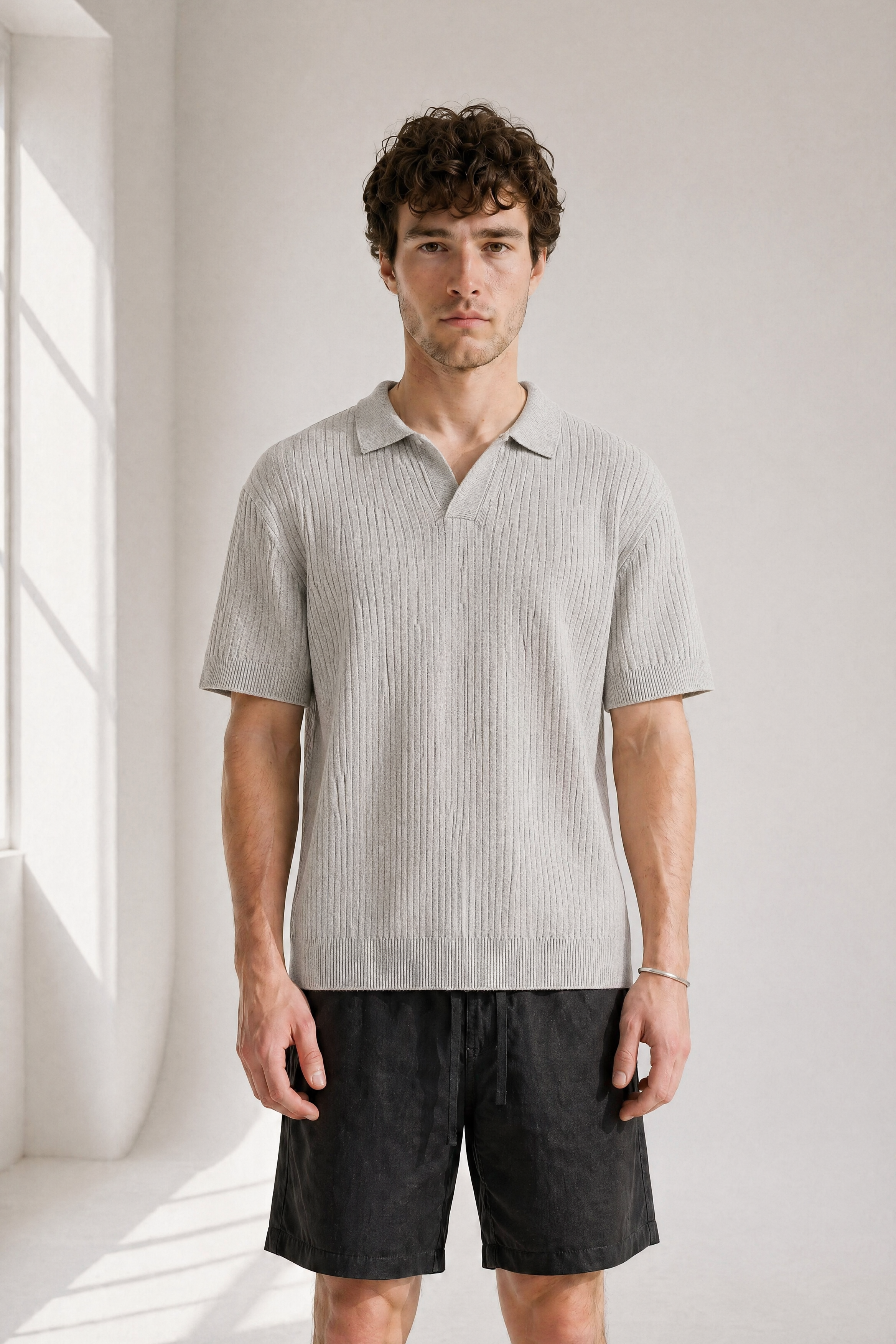 Rib Knit Polo - Grey - lifestyle angle