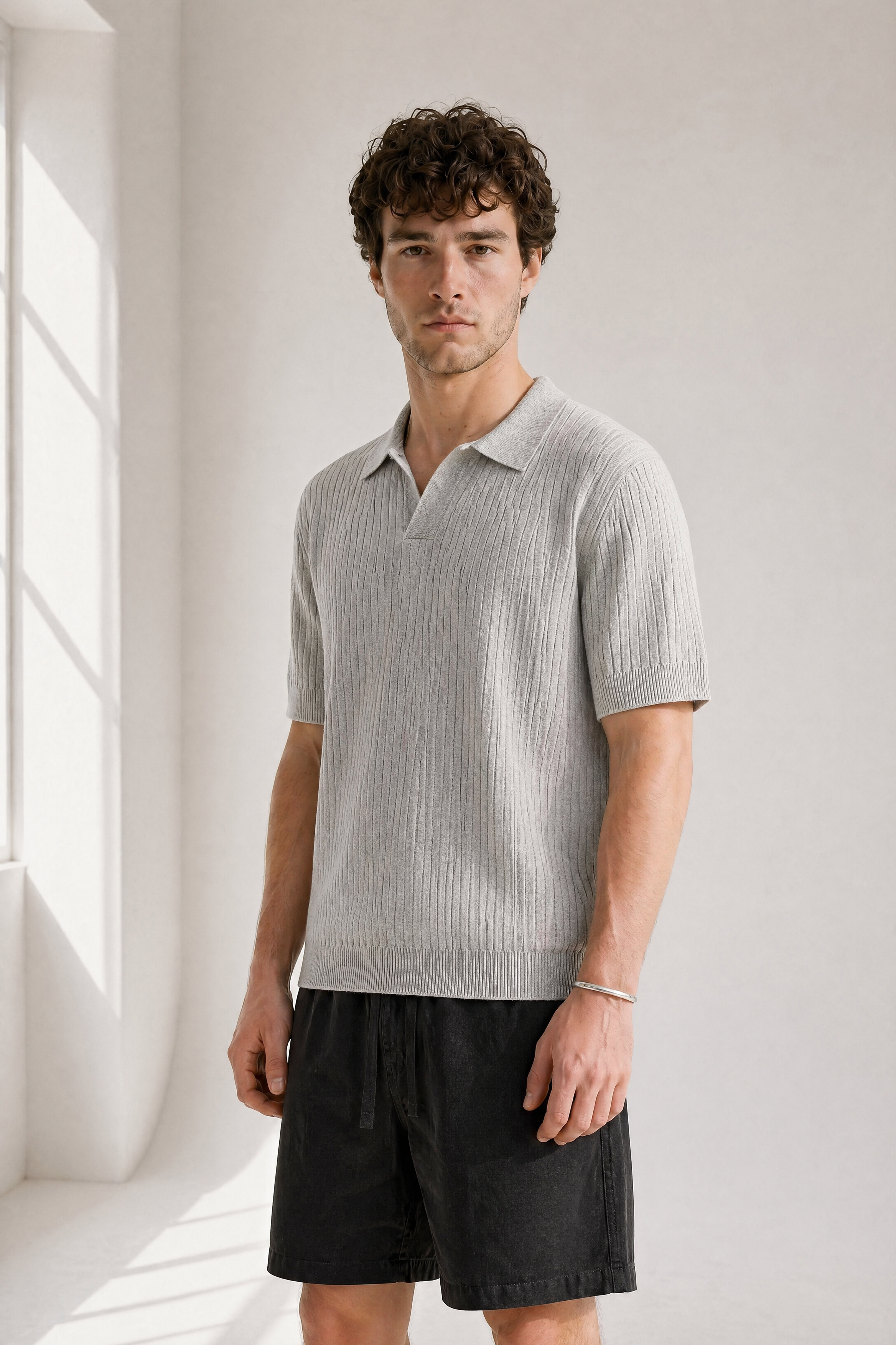 Rib Knit Polo - Grey - detail view