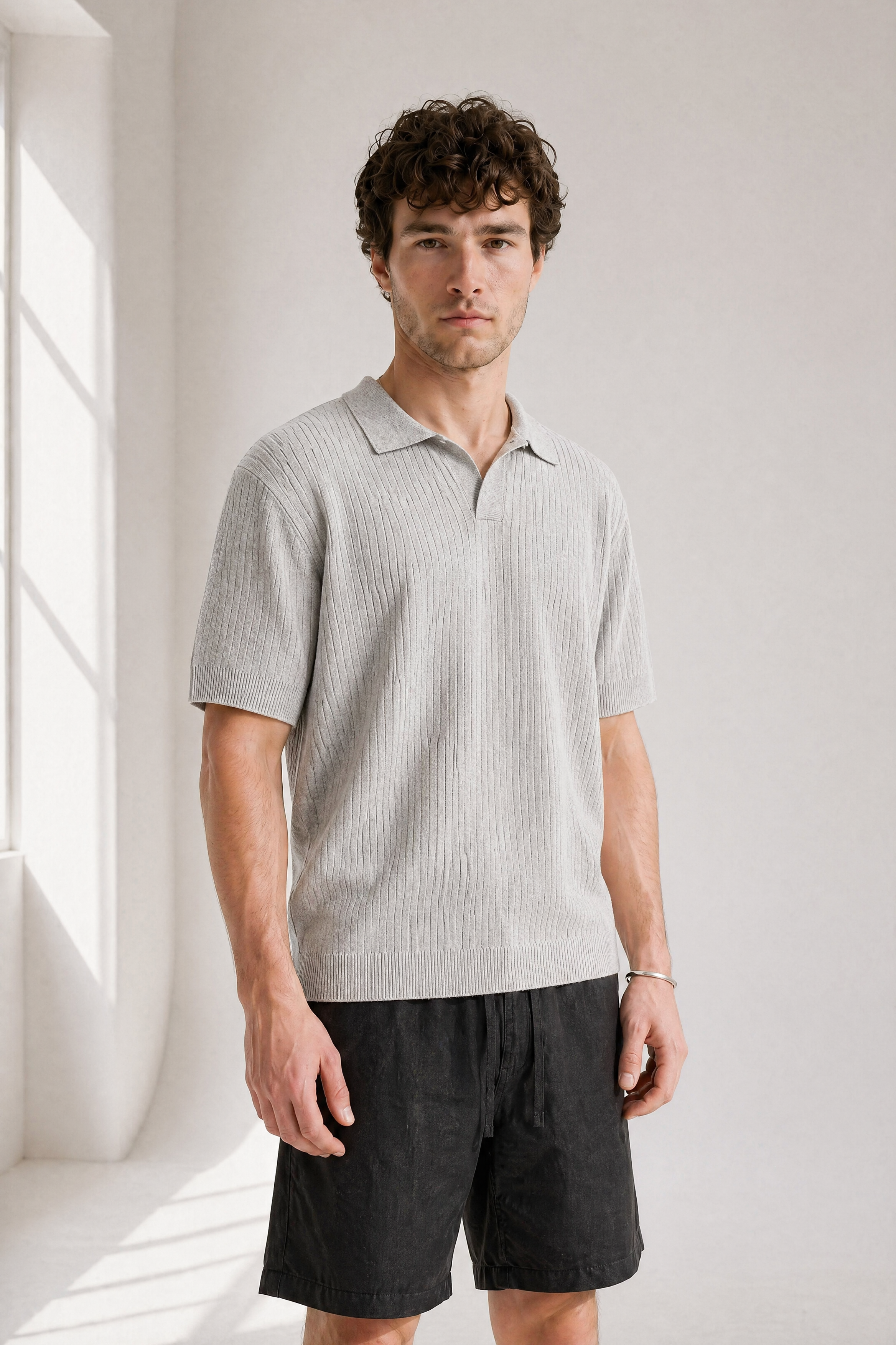 Rib Knit Polo - Grey - side view