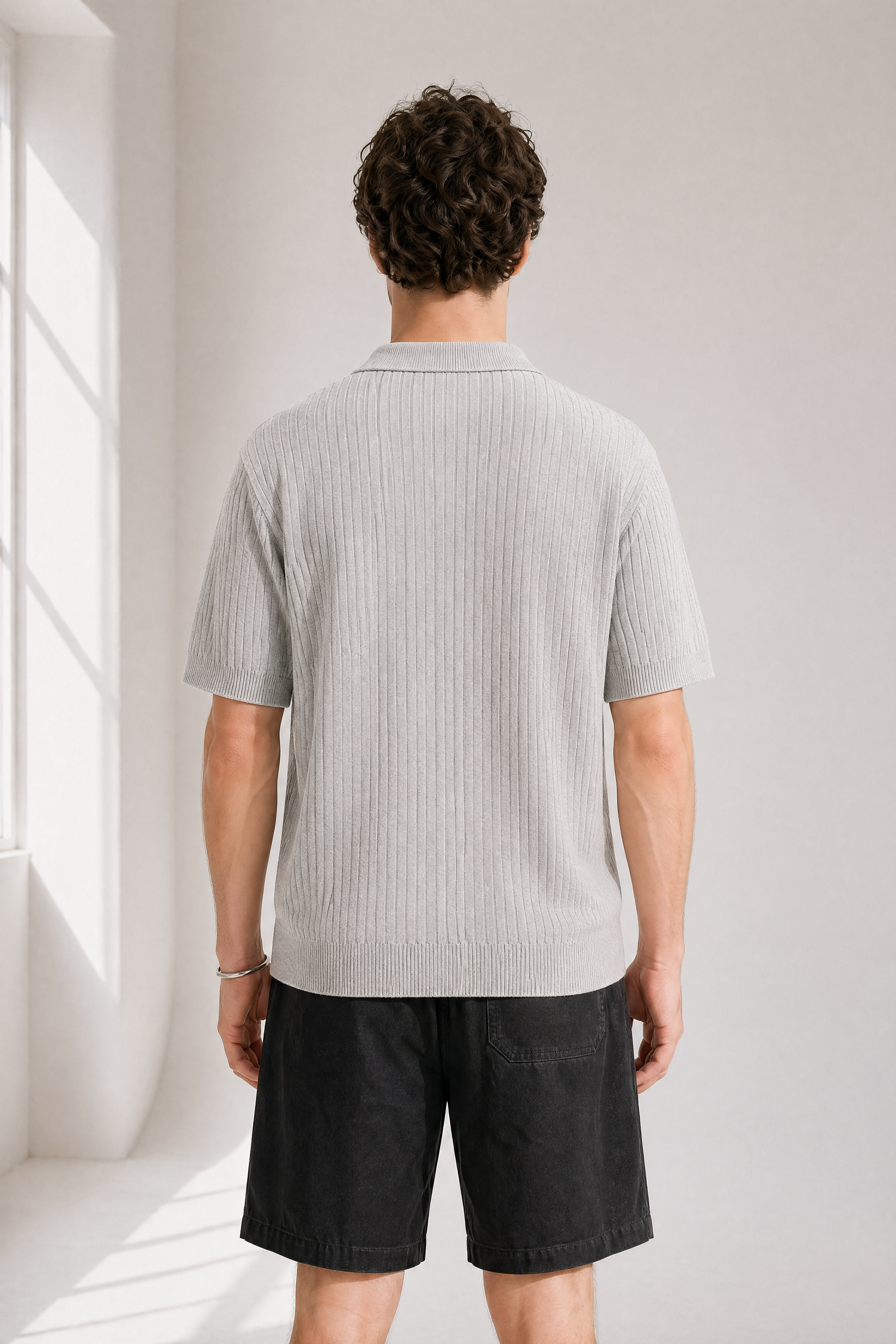 Rib Knit Polo - Grey - back view
