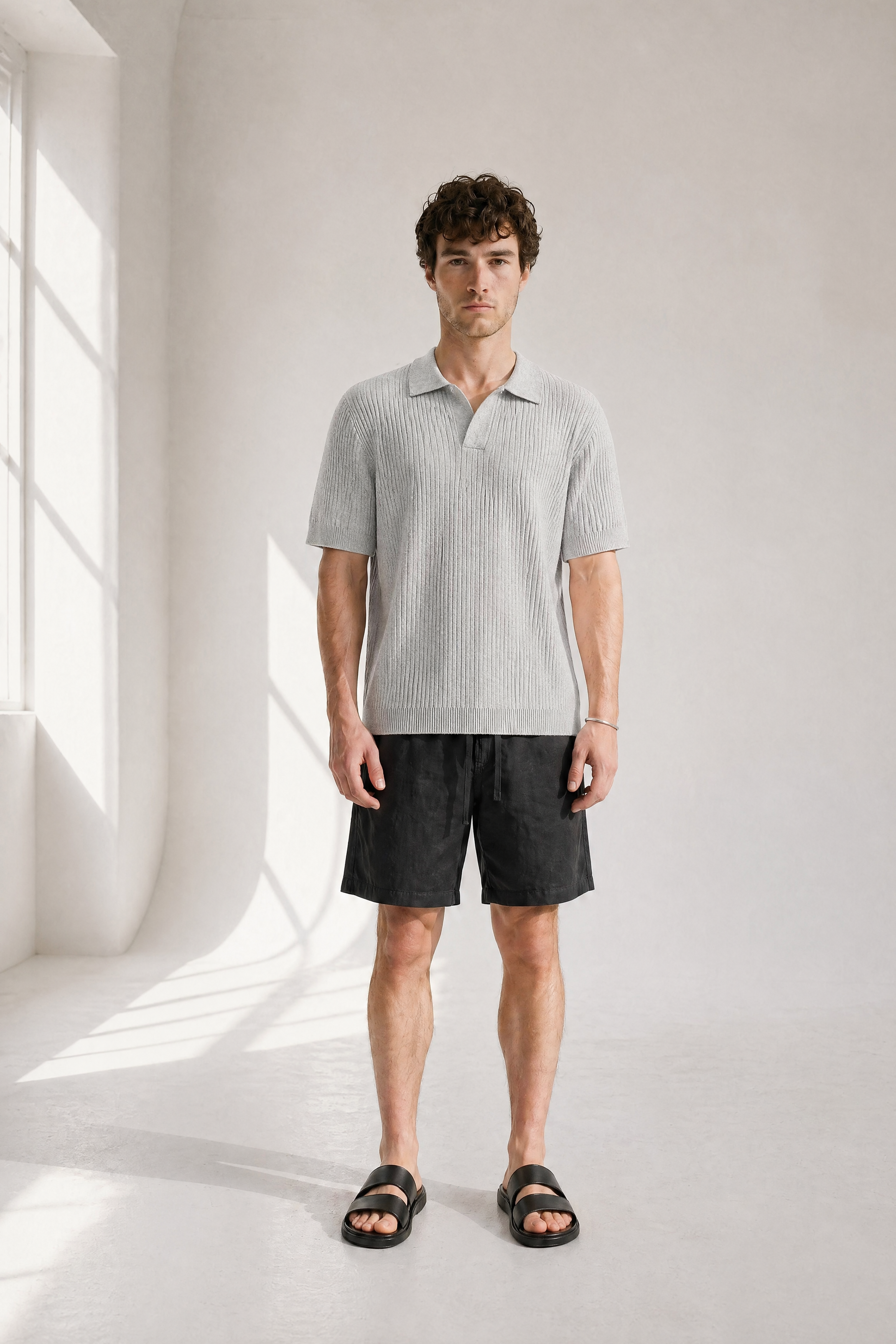 Rib Knit Polo - Grey - front view