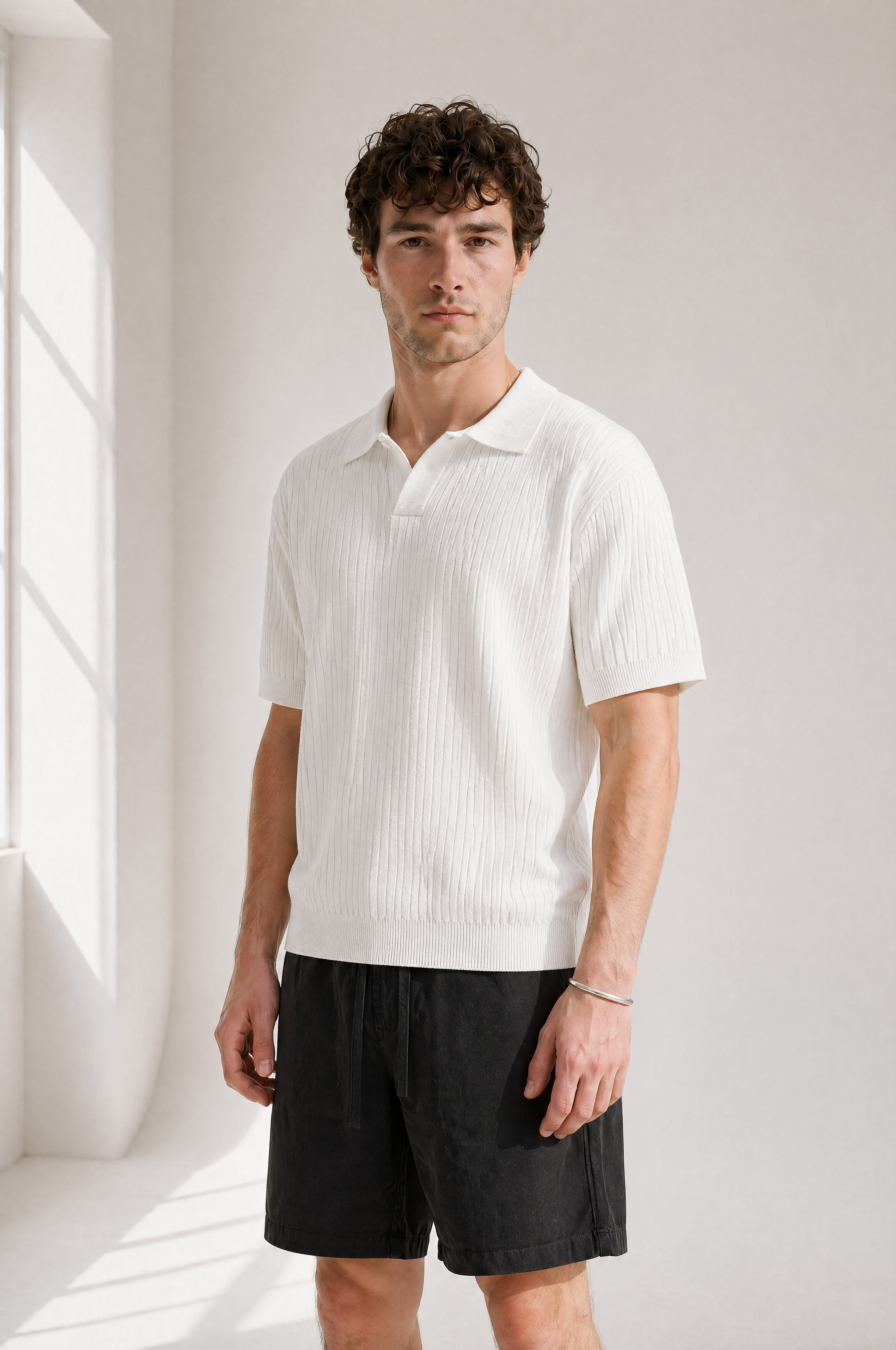 Rib Knit Polo - White - detail view