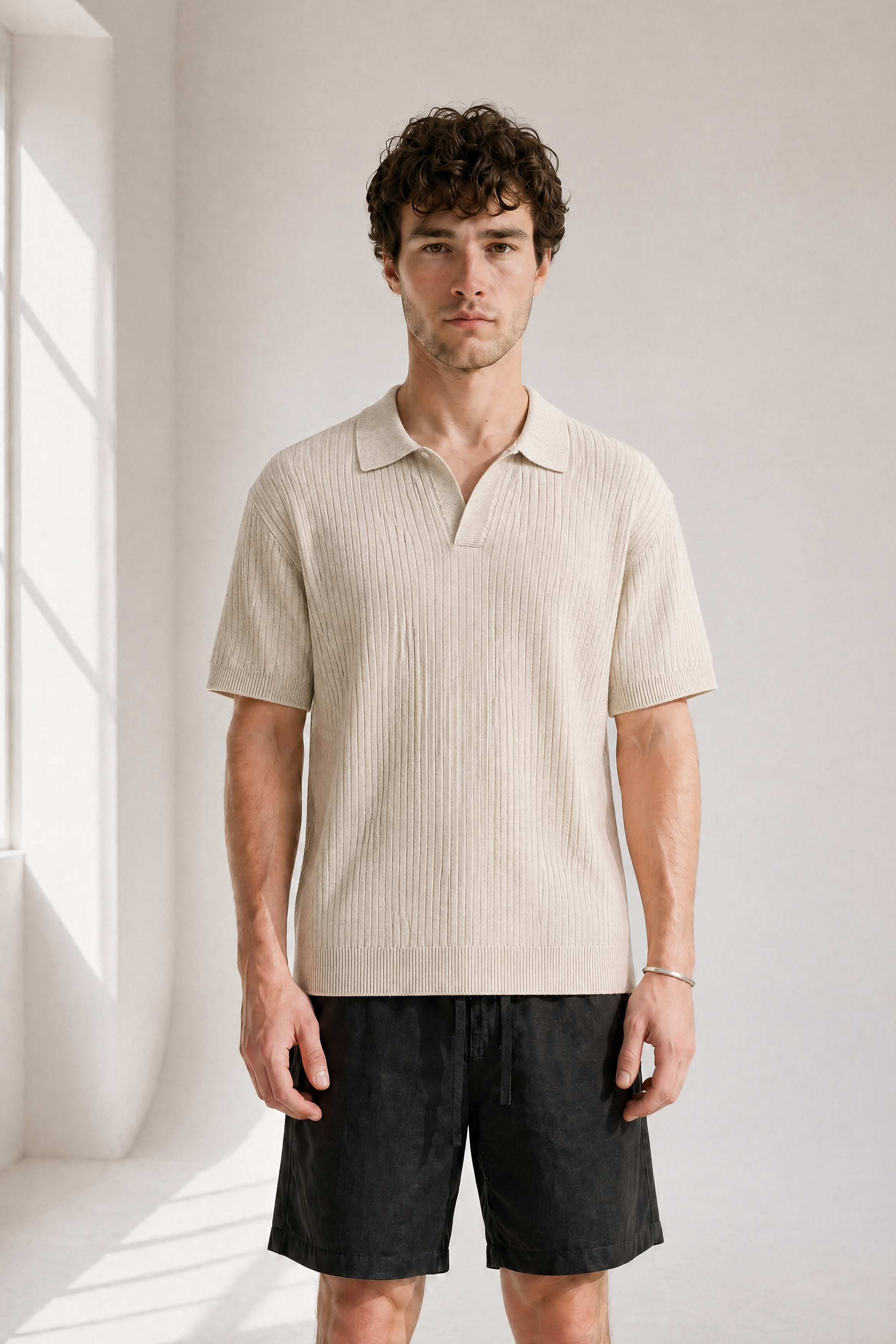 Rib Knit Polo - Cream - detail view