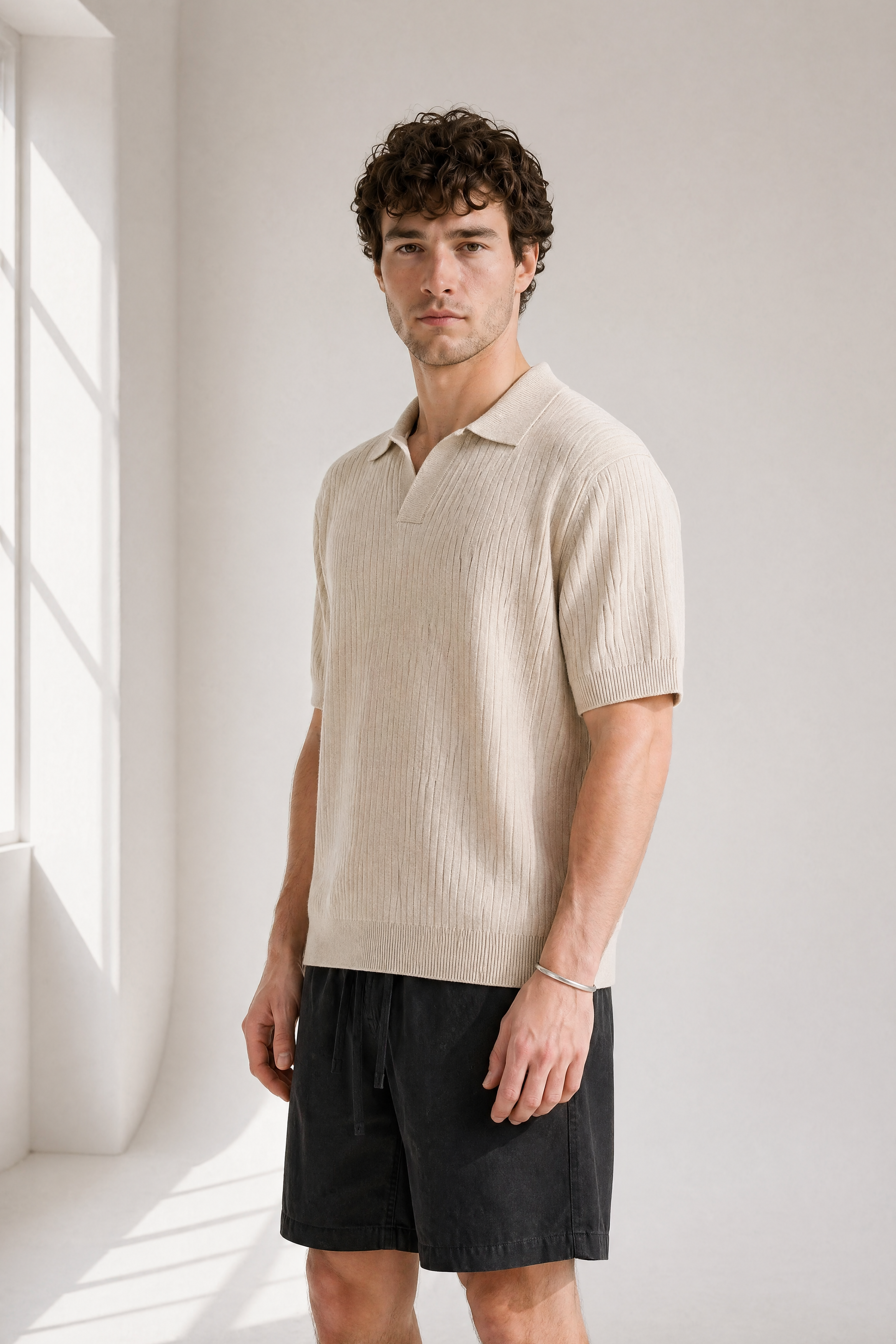 Rib Knit Polo - Cream - side view