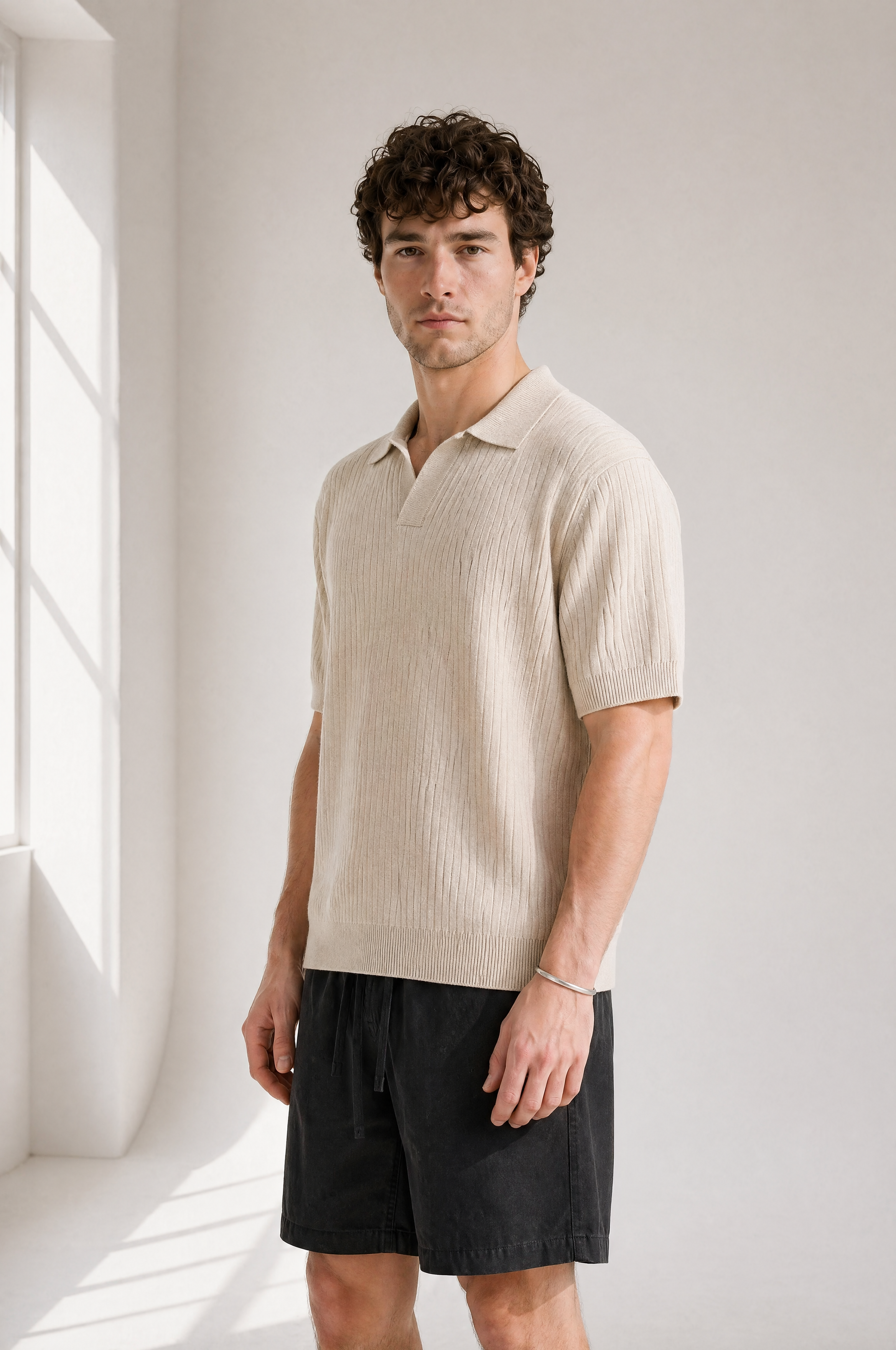 Rib Knit Polo - Cream - side view
