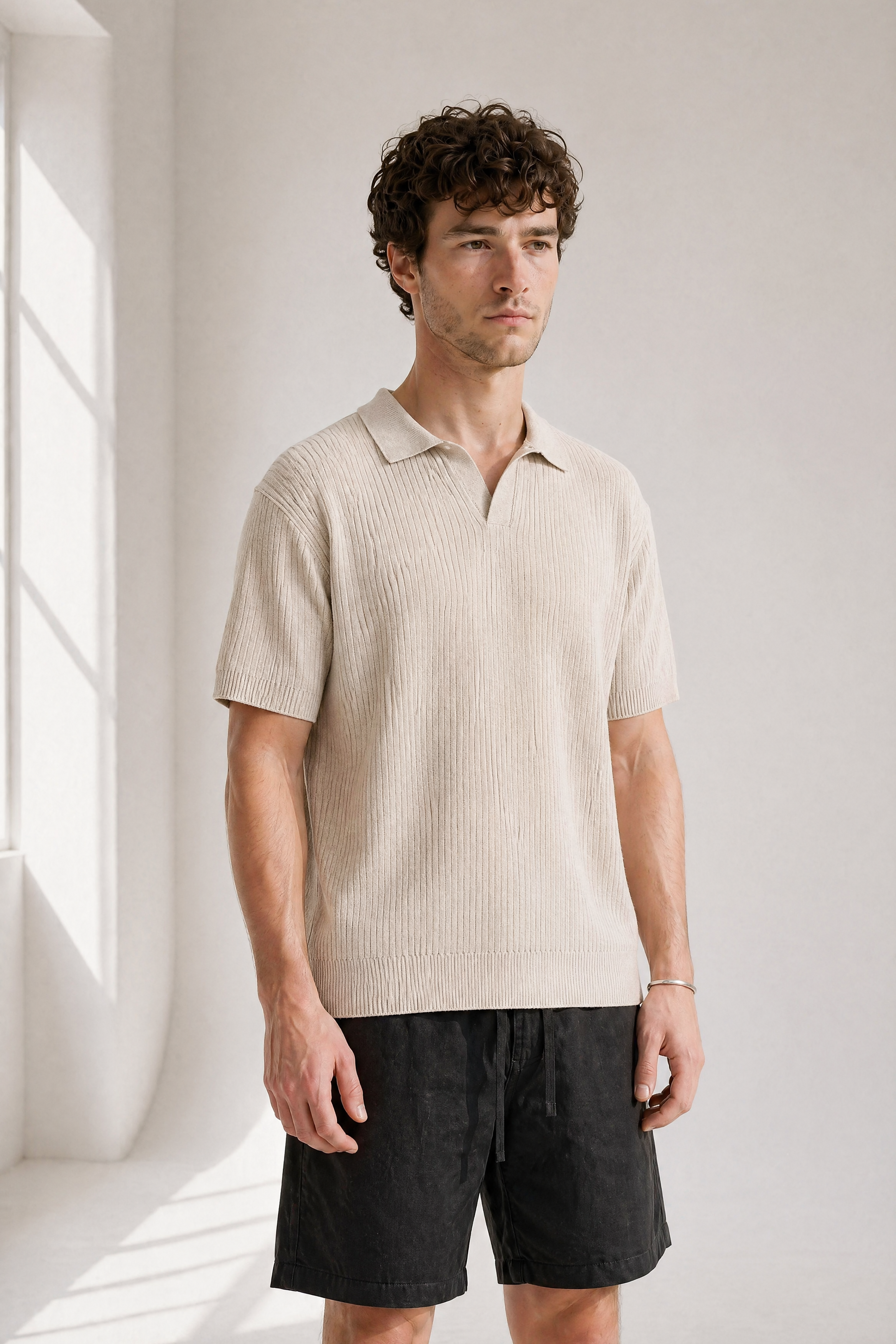 Rib Knit Polo - Cream - front view