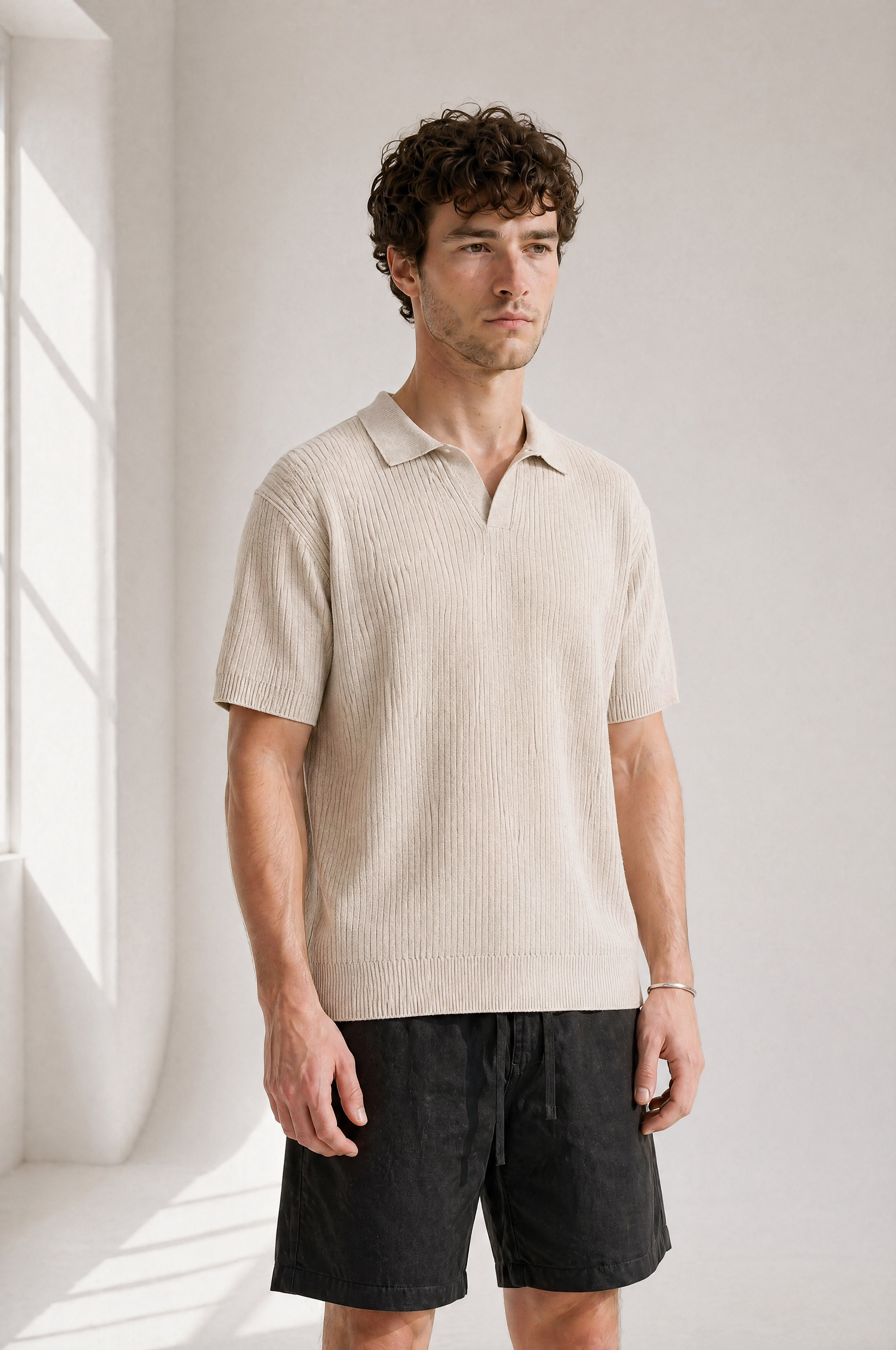 Rib Knit Polo - Cream - front view