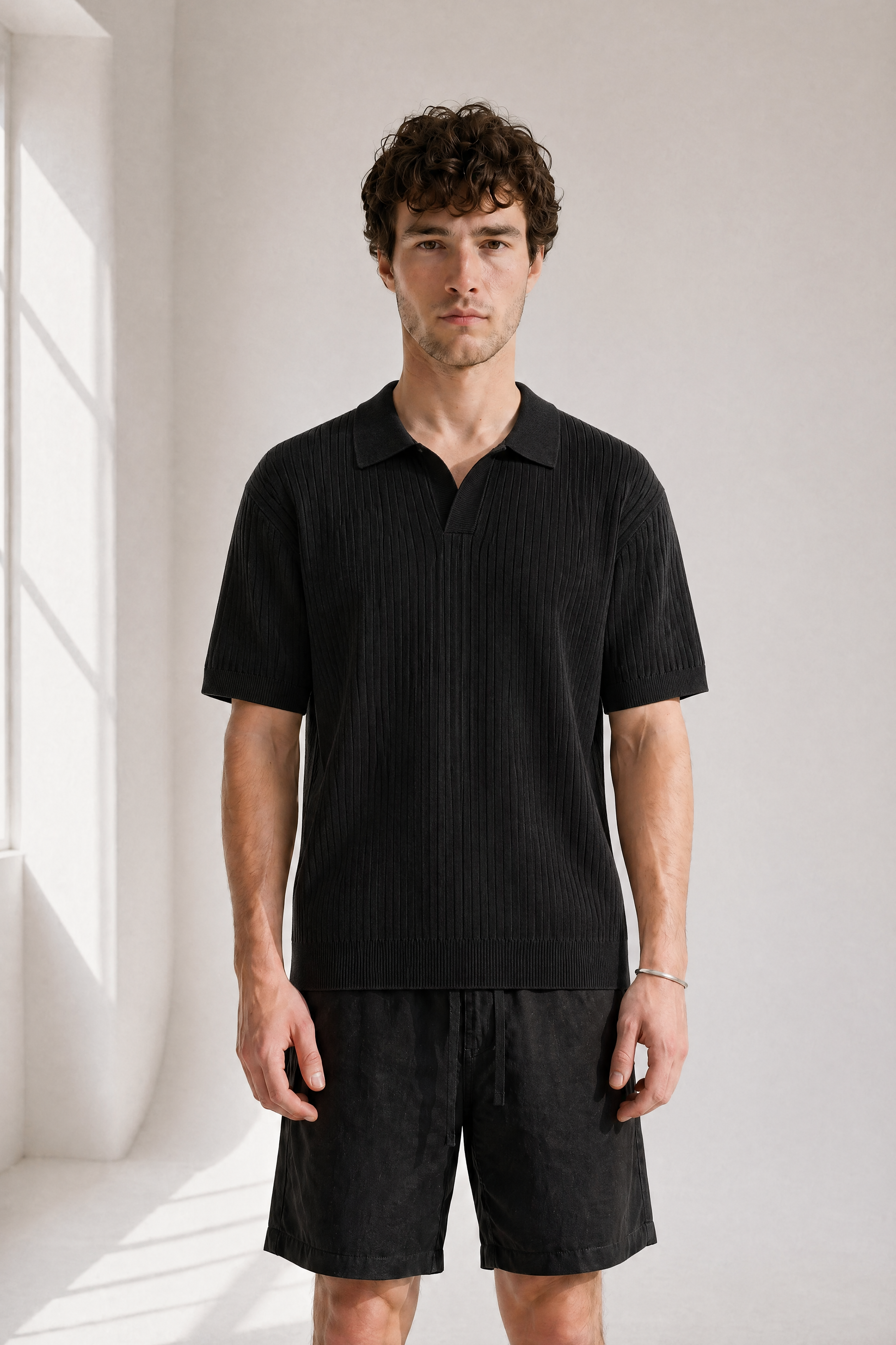 Rib Knit Polo - Black - lifestyle angle