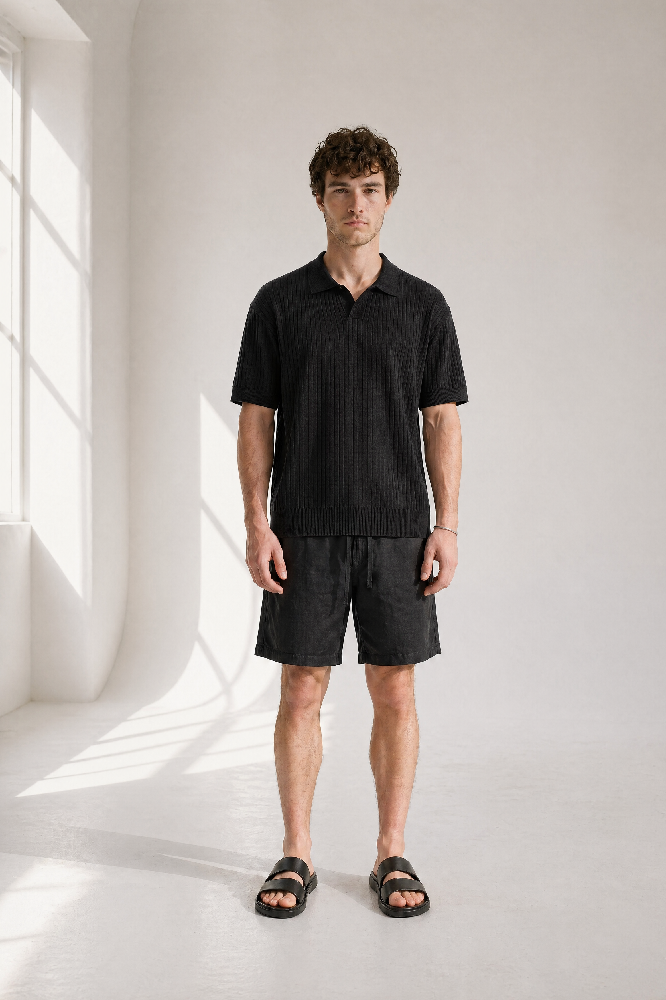 Rib Knit Polo - Black - detail view