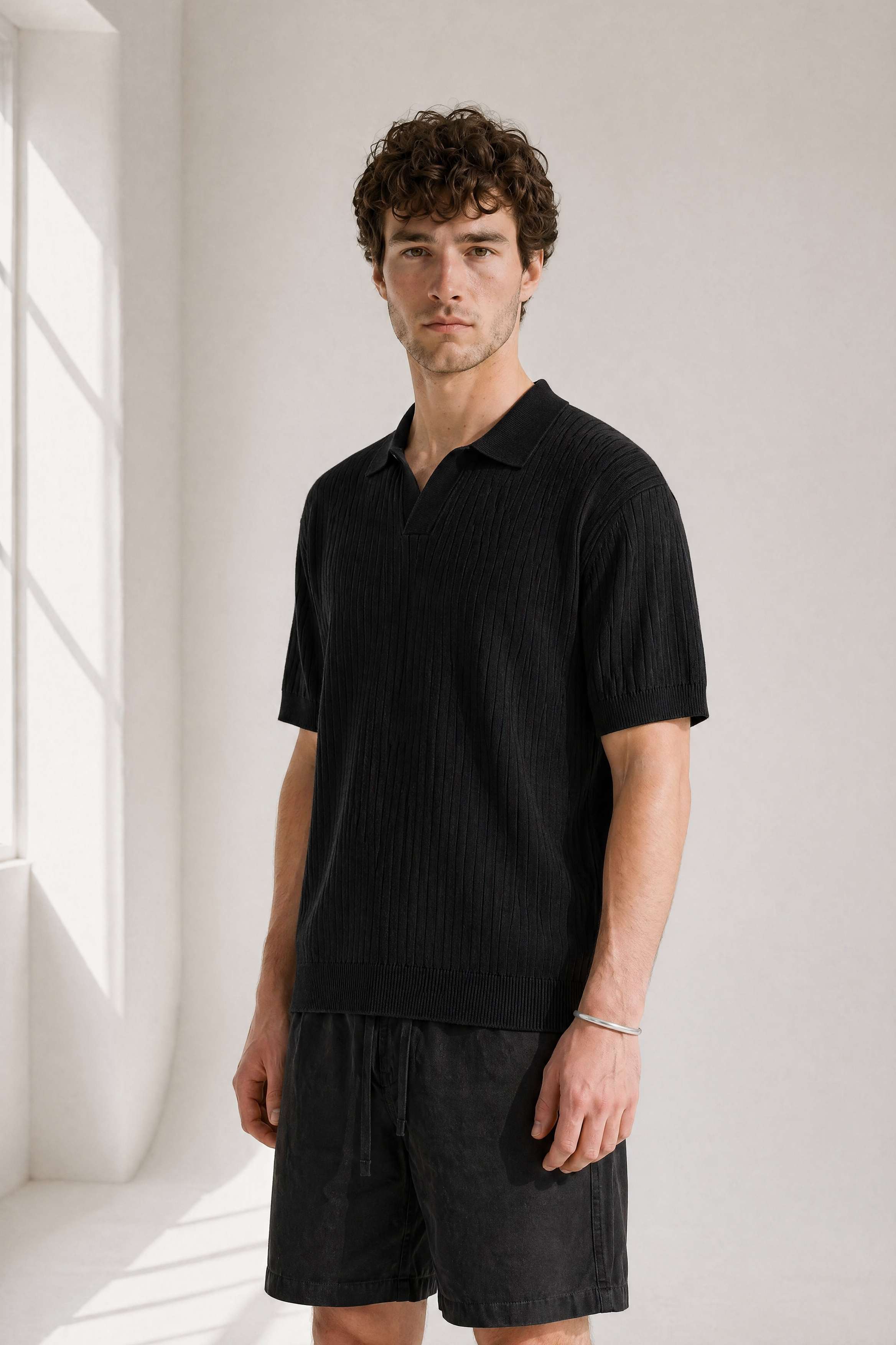 Rib Knit Polo - Black - side view