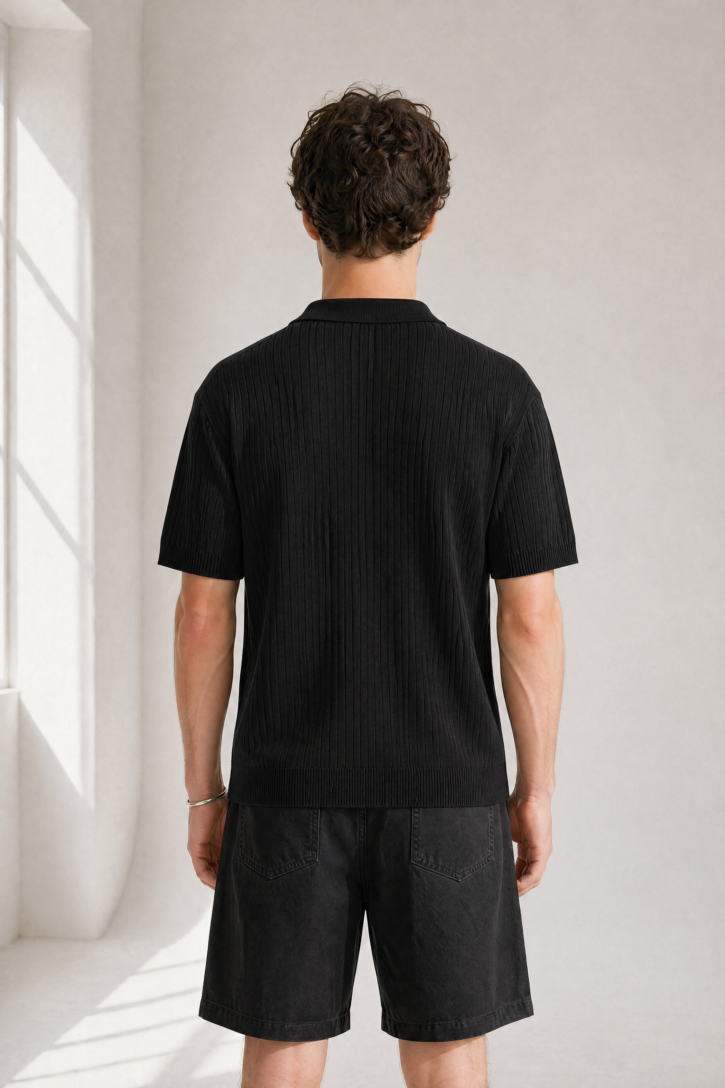 Rib Knit Polo - Black - back view