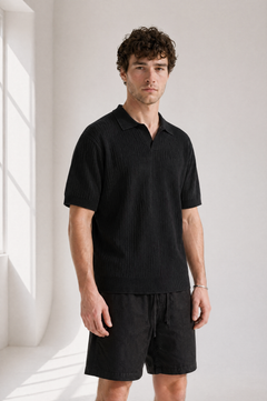 Rib Knit Polo - Black - front view
