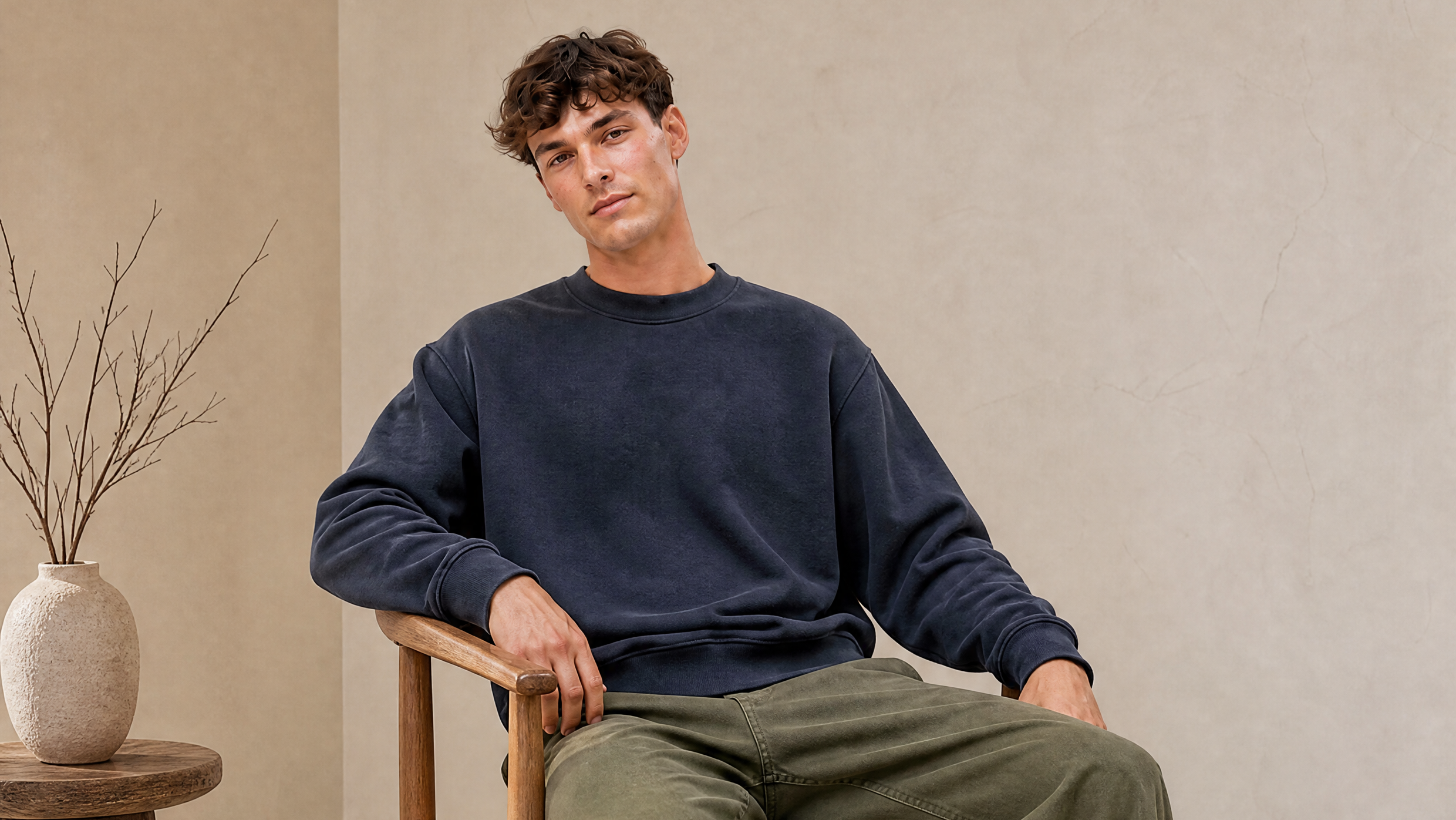 Man sitting on a wooden chair wearing a navy sweater and green pants in a minimalistic room.