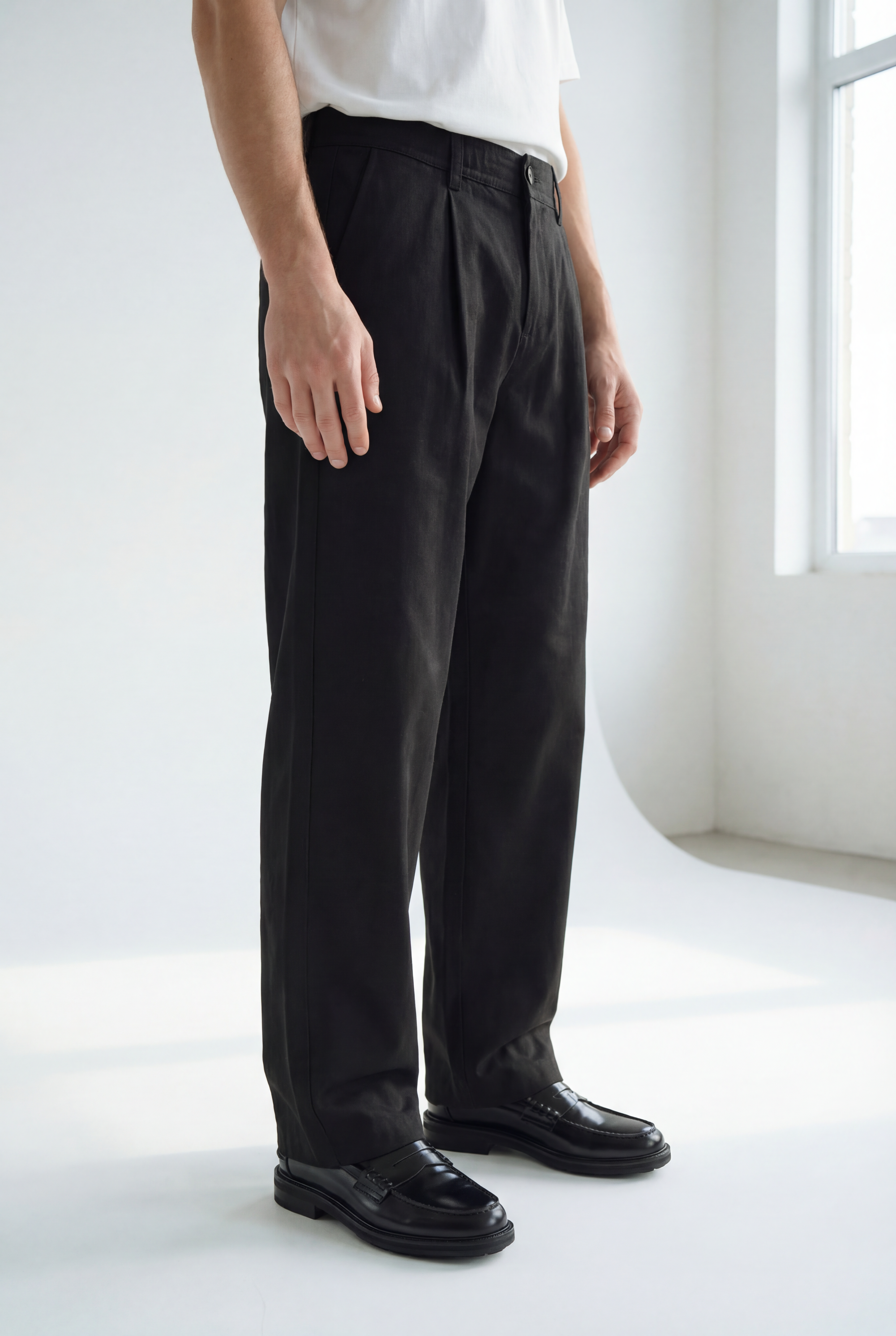Hipland Pleated Kyoto Trousers - Black - lifestyle view