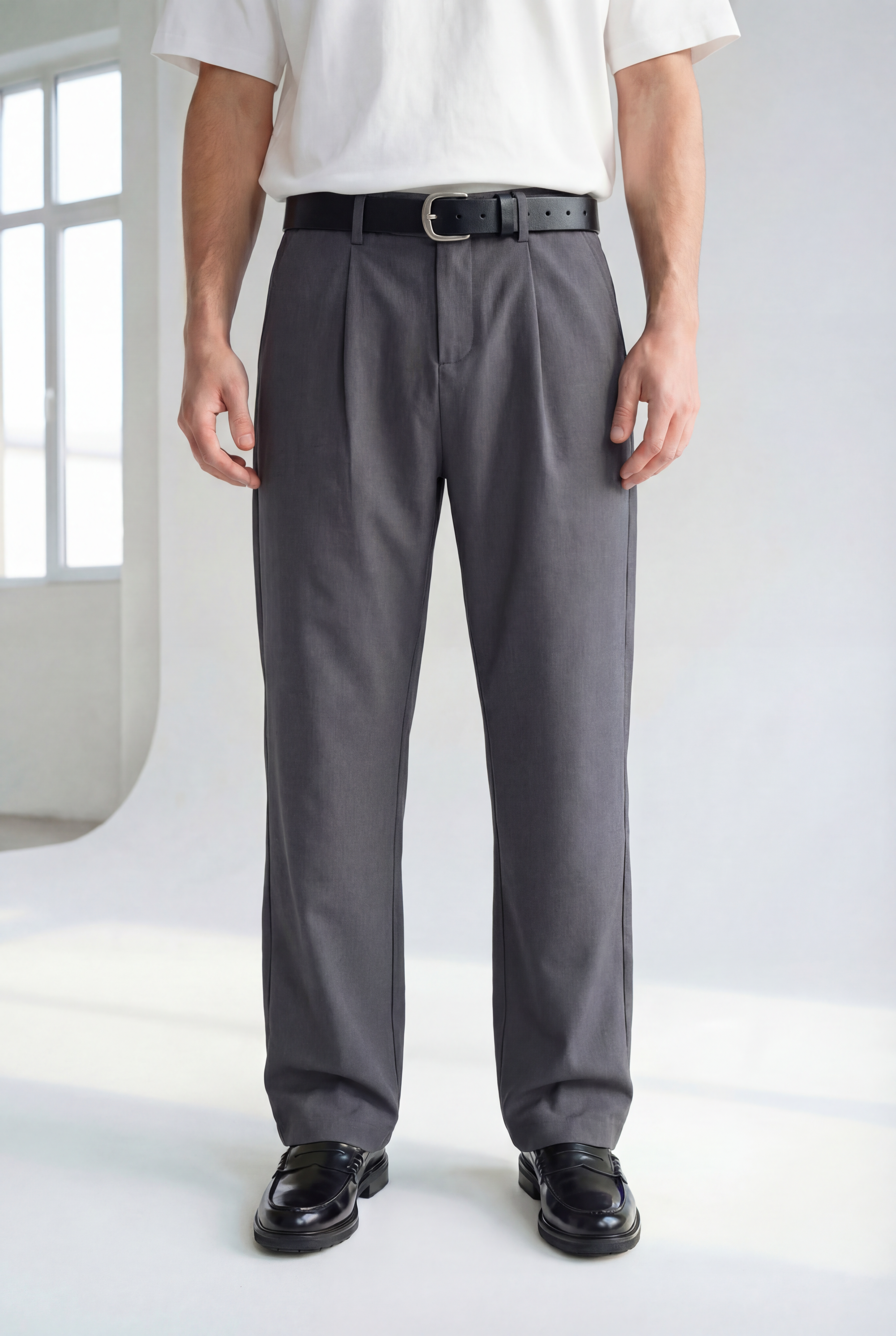 Hipland Pleated Kyoto Trousers - Charcoal - front view