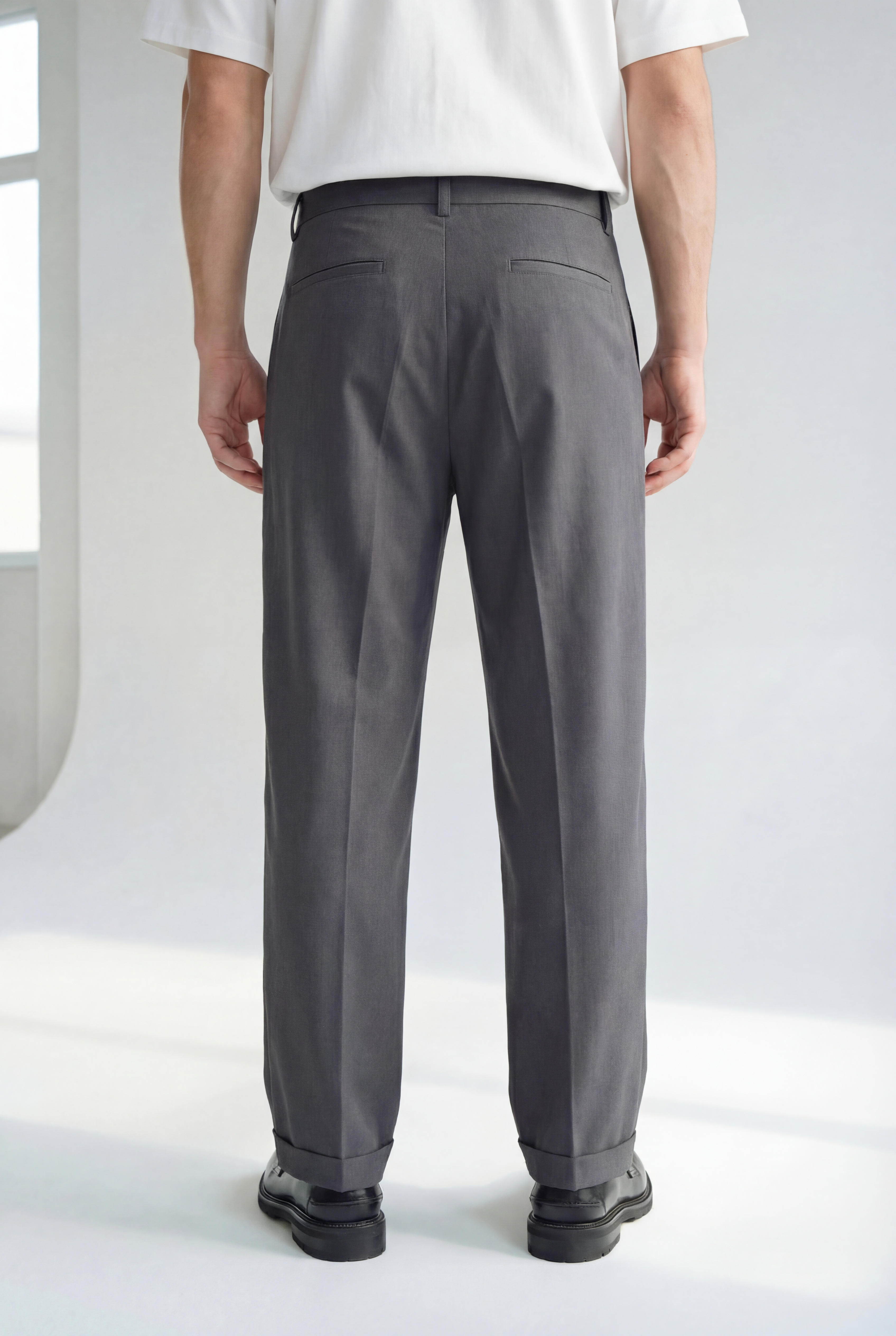 Hipland Pleated Kyoto Trousers - Charcoal - back view
