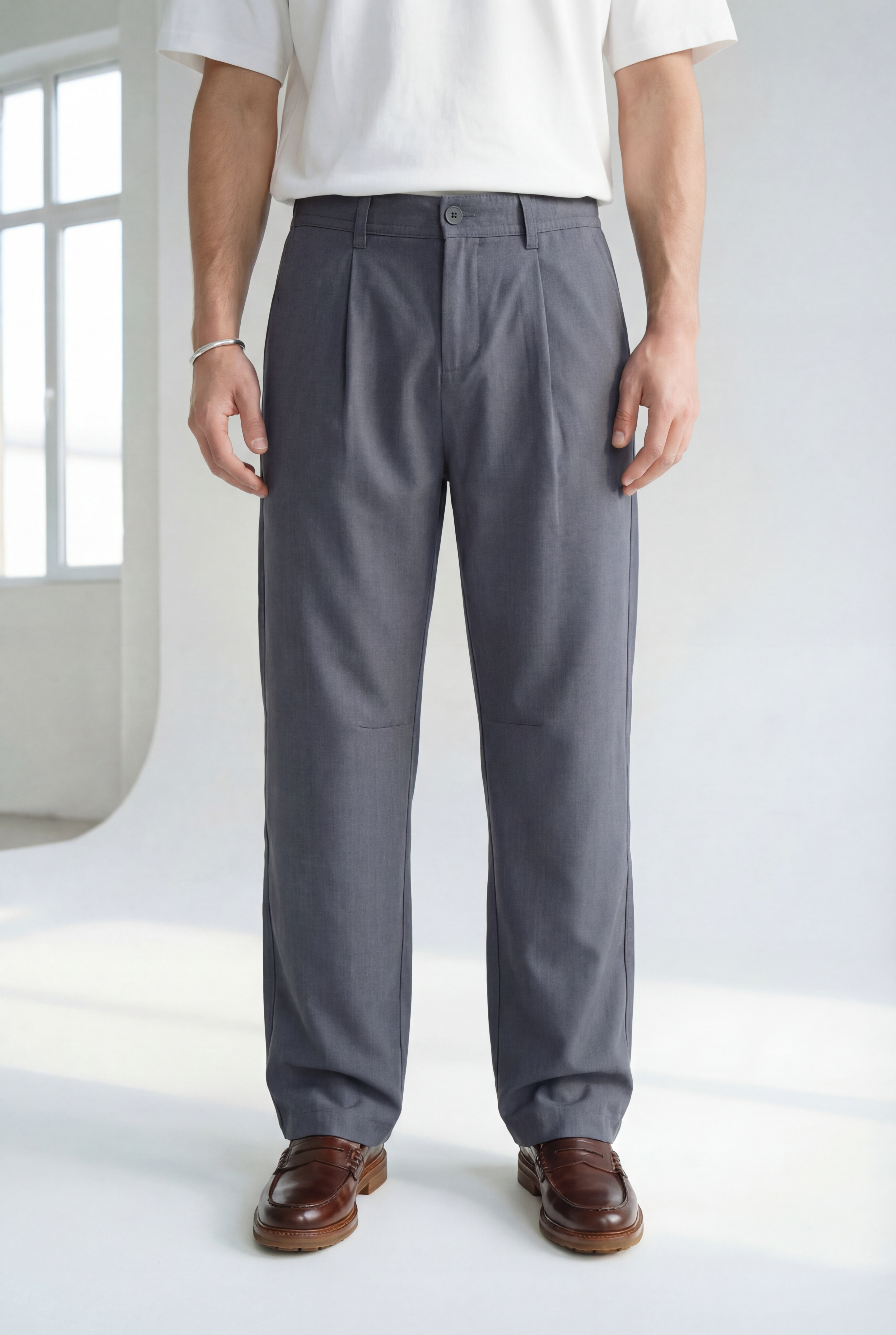 Hipland Studio Pleat Trousers - Slate Grey - front view