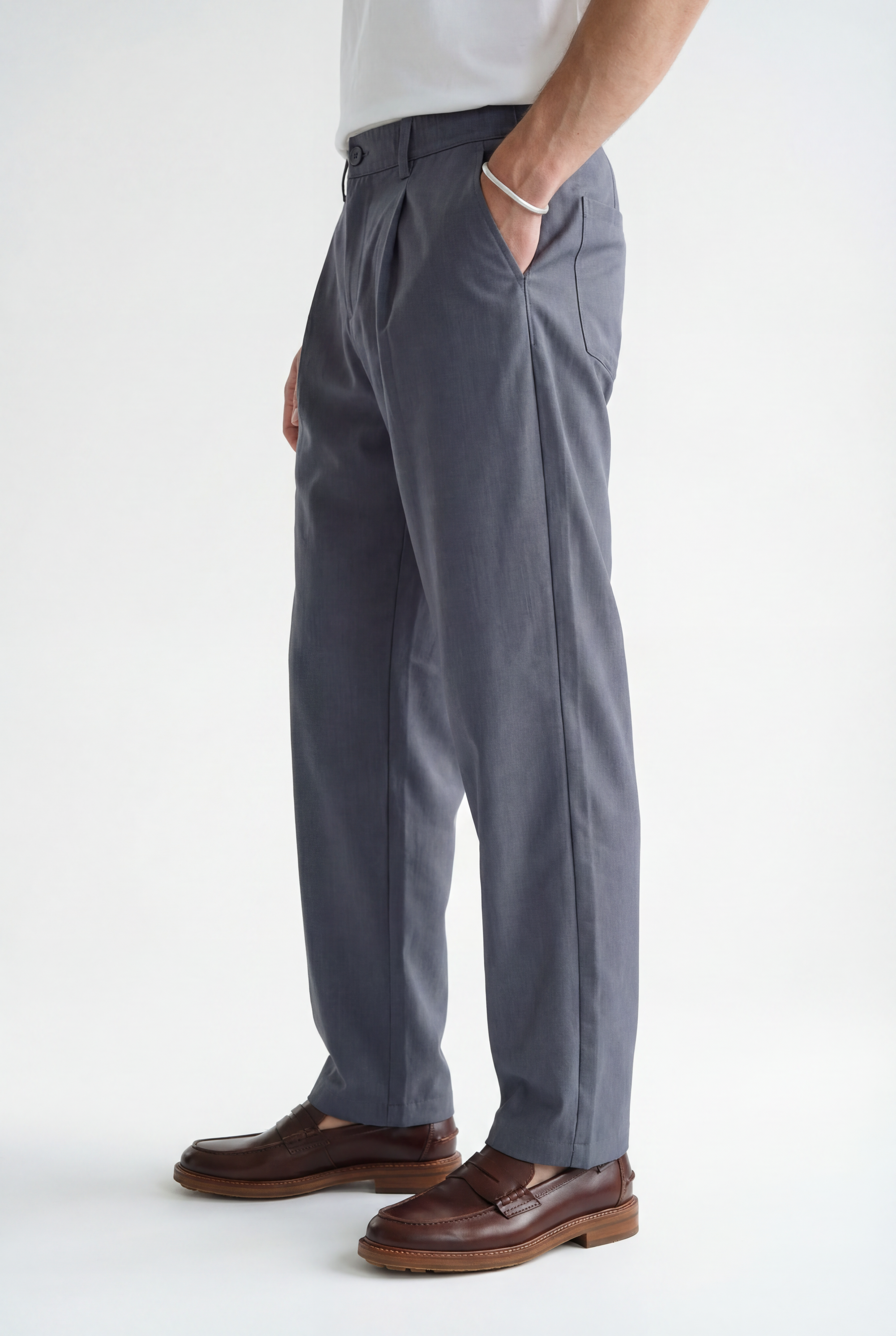 Hipland Studio Pleat Trousers - Slate Grey - back view