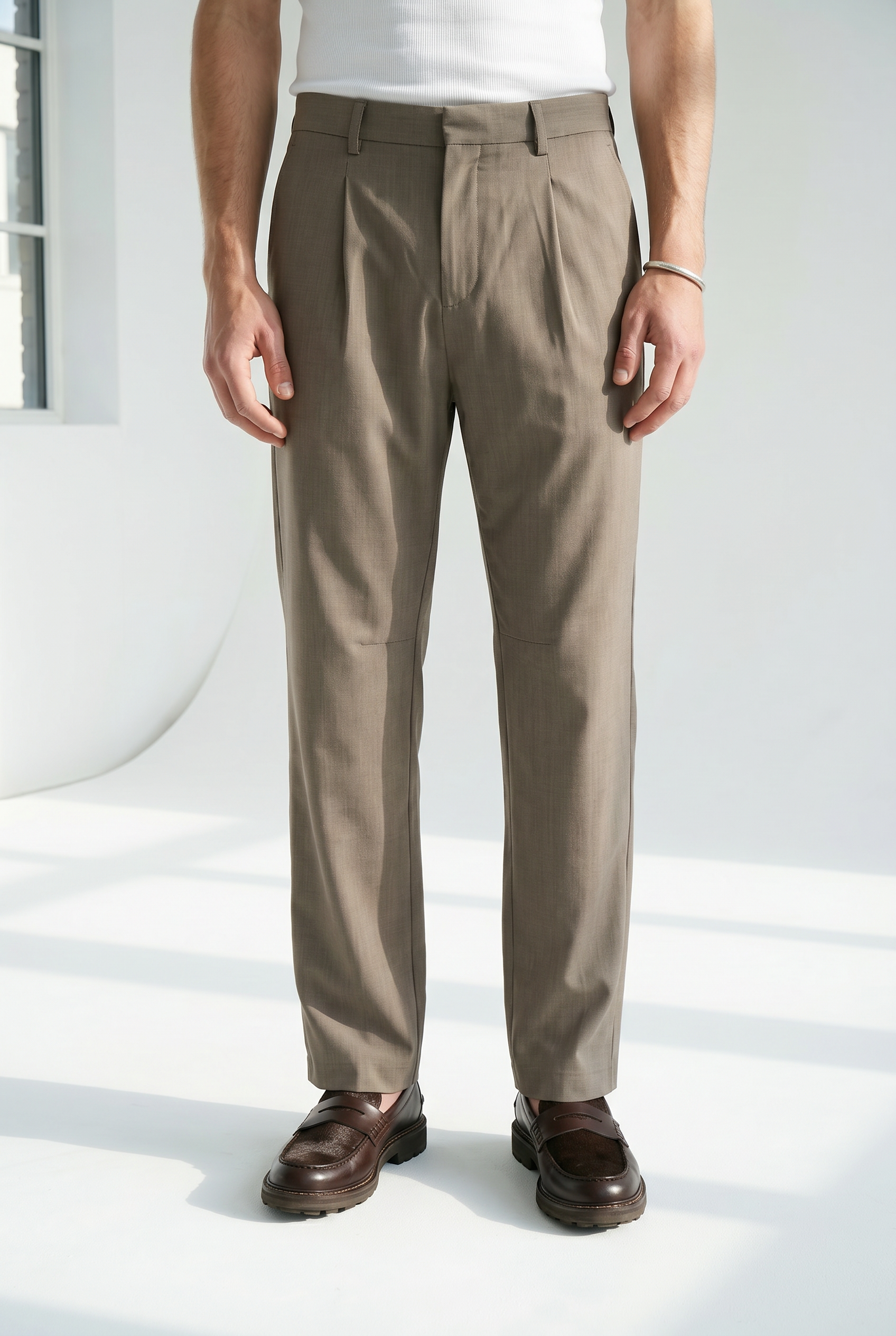 Hipland Studio Pleat Trousers - Taupe - front view