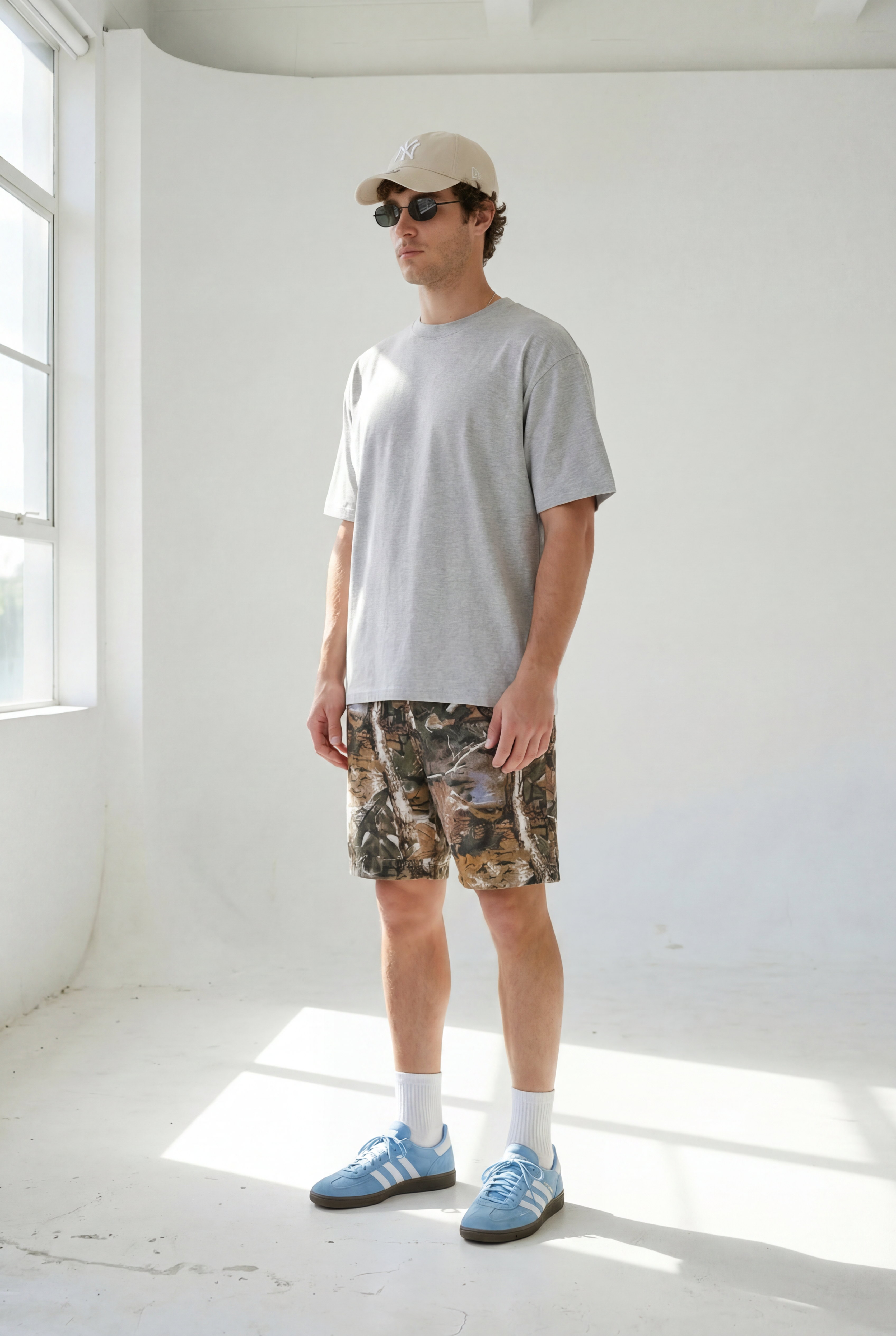 Hipland Bush Camo Shorts — Light Camo — lifestyle view
