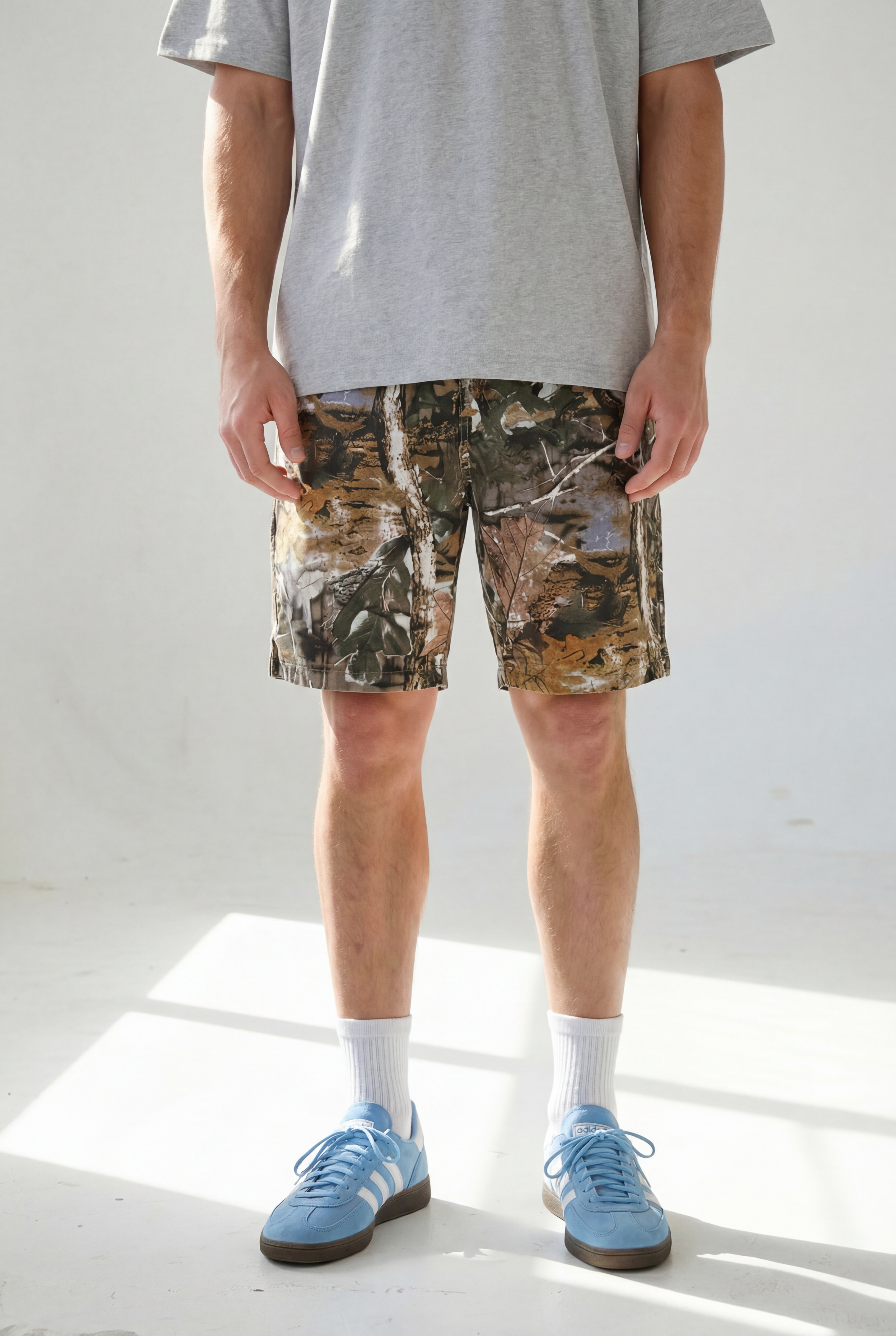 Hipland Bush Camo Shorts — Light Camo — front view