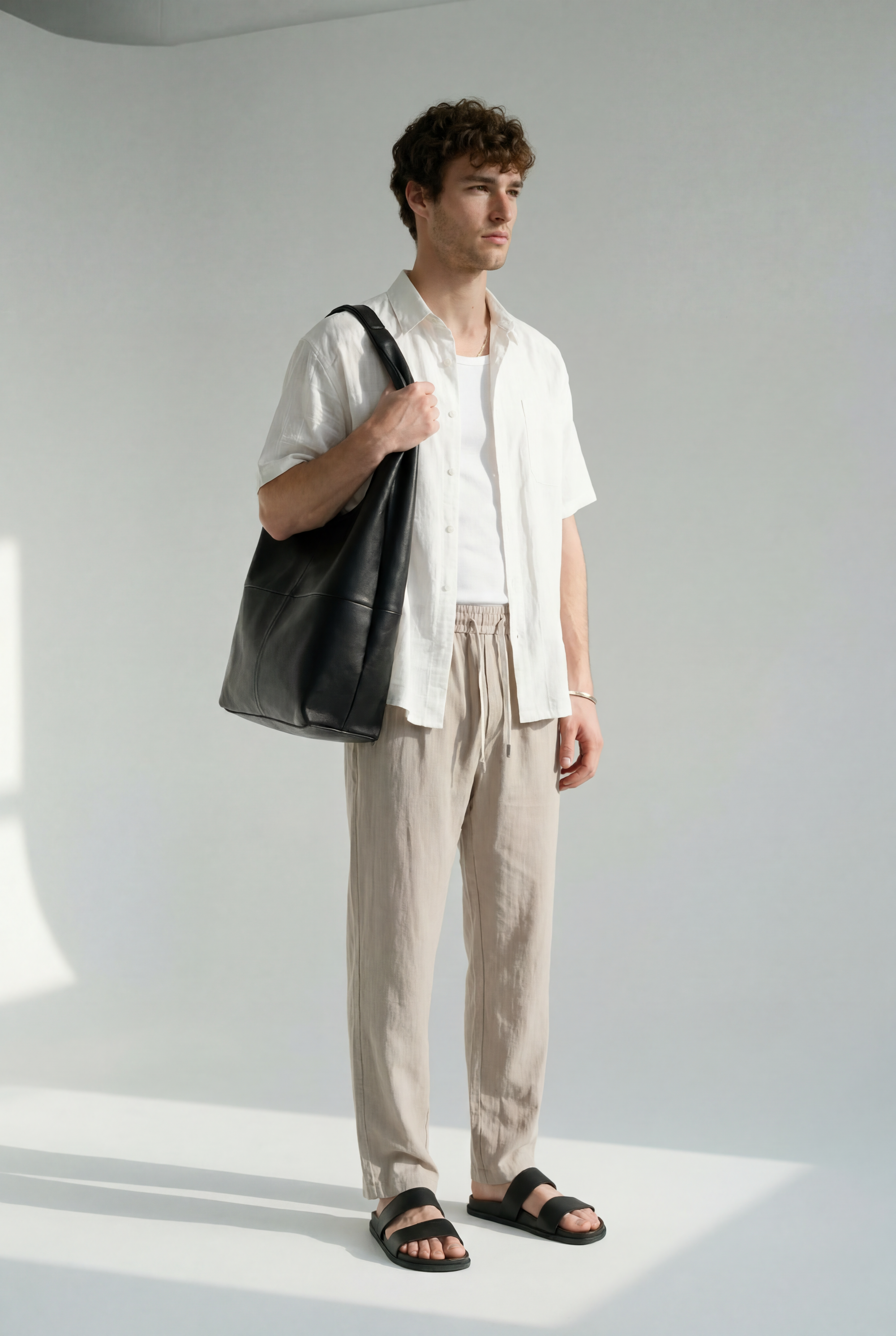Hipland The Nara Beach Trouser - Stone Taupe - lifestyle view