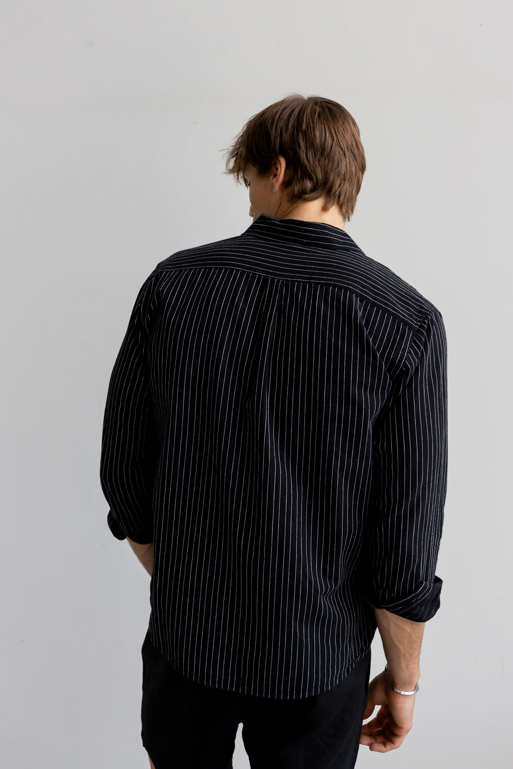 Cotton Linen Long Sleeve Shirt - Black Stripe