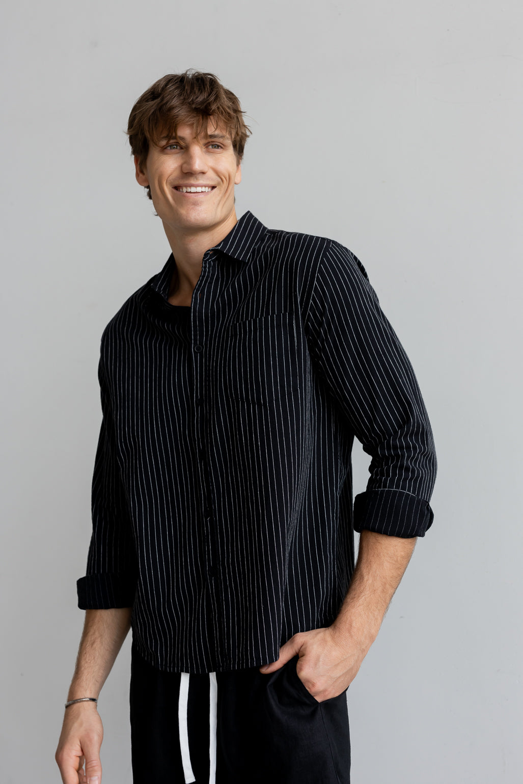 Cotton Linen Long Sleeve Shirt - Black Stripe