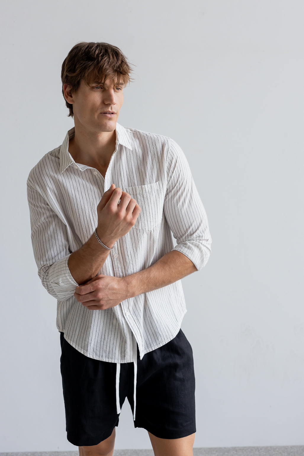 Cotton Linen Long Sleeve Shirt - White Stripe