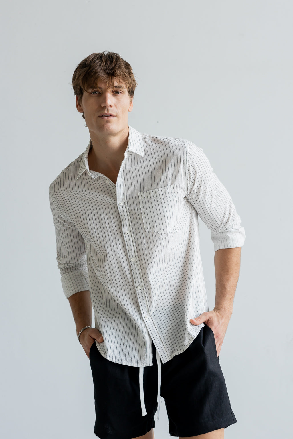 Cotton Linen Long Sleeve Shirt - White Stripe