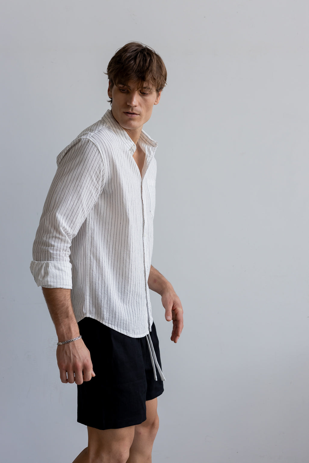 Cotton Linen Long Sleeve Shirt - White Stripe