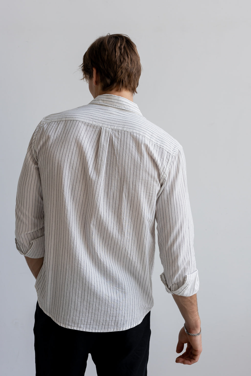 Cotton Linen Long Sleeve Shirt - White Stripe