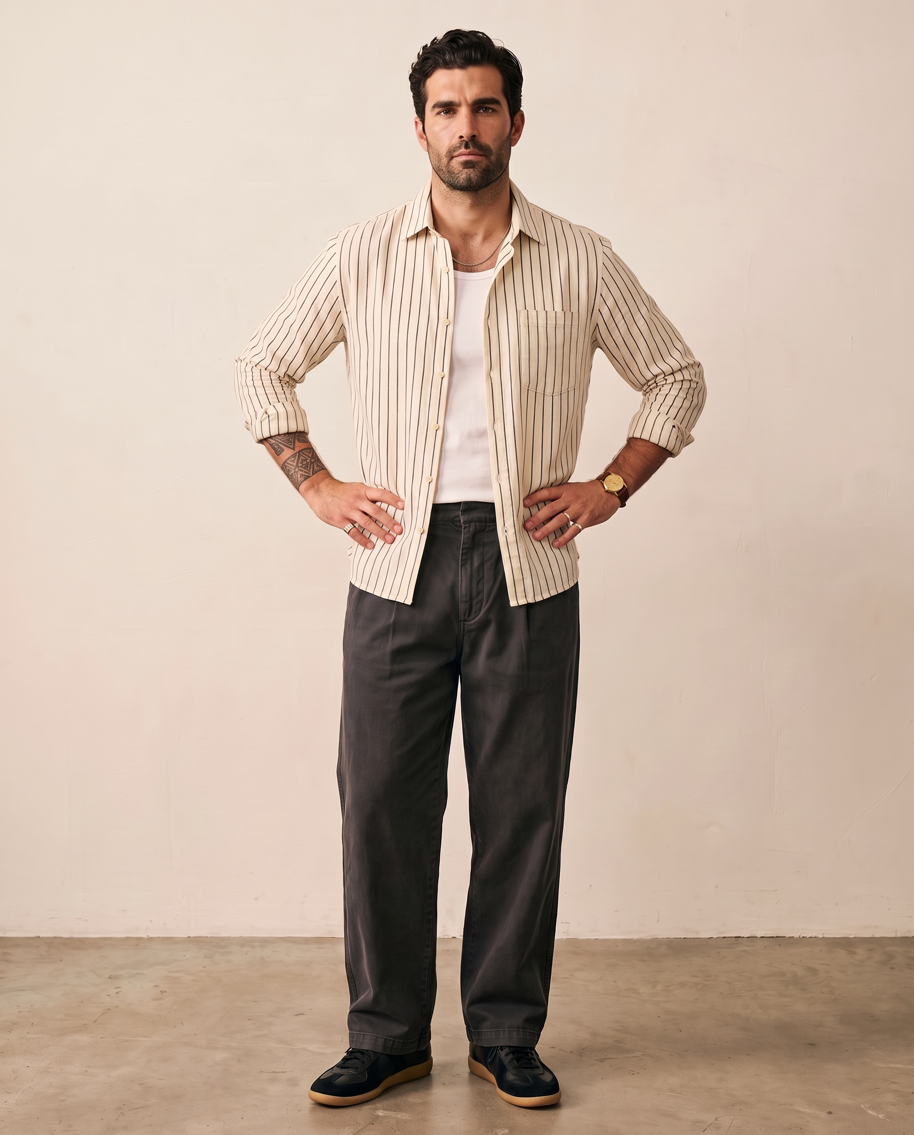 Hipland Striped Cotton-Linen Shirt Black front