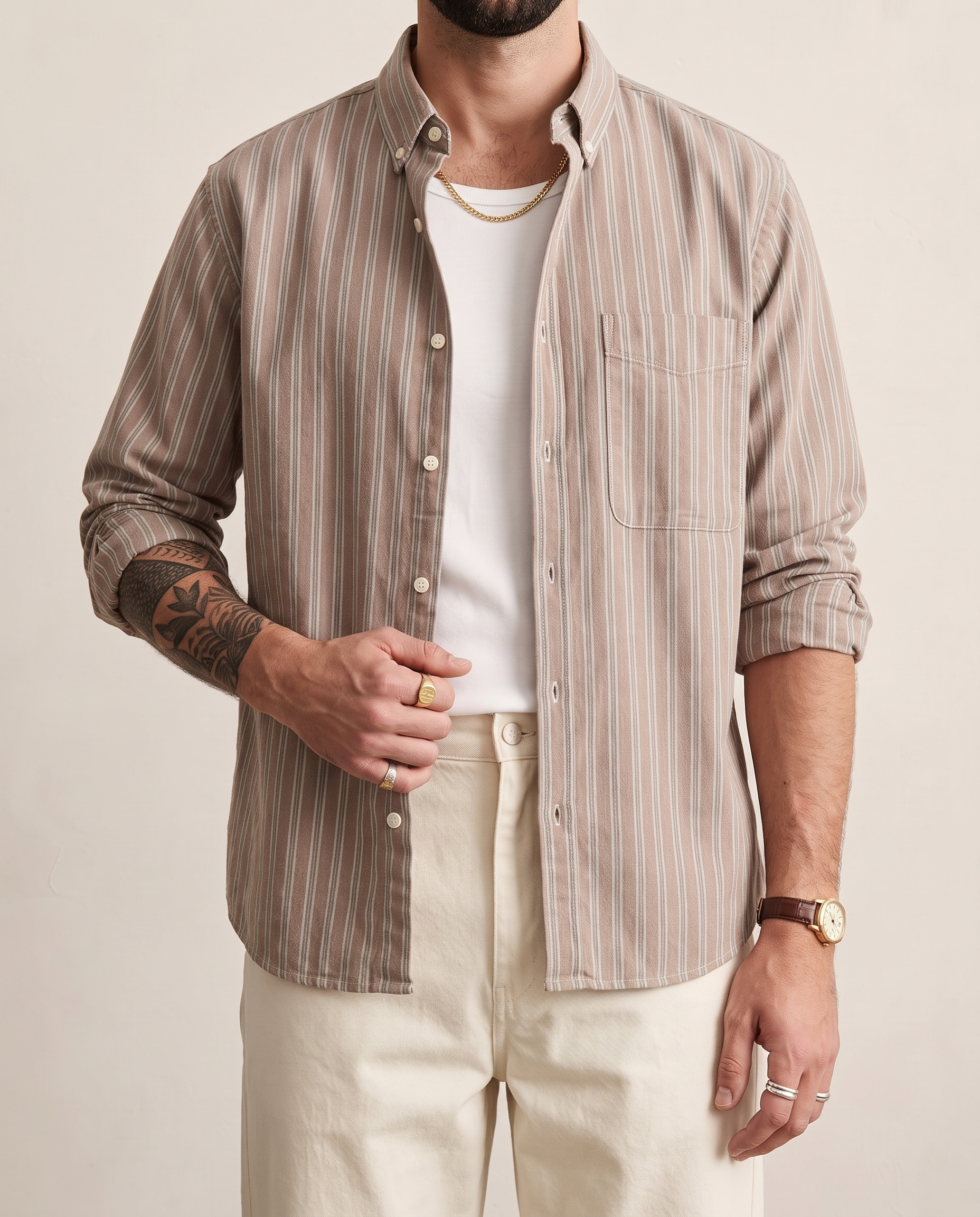 Printed Stripe Cotton Overshirt - Coffee