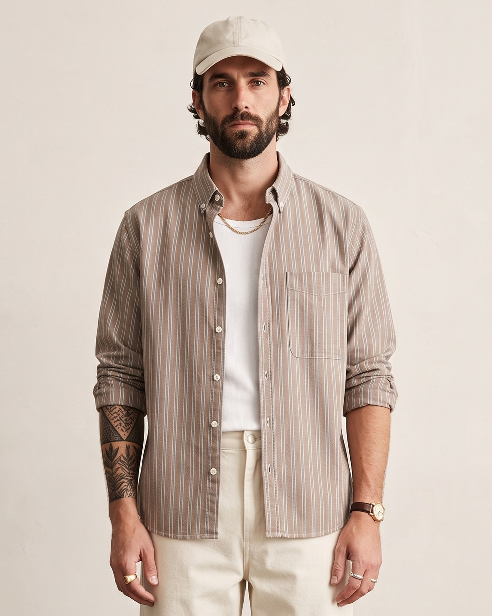 Printed Stripe Cotton Overshirt - Coffee