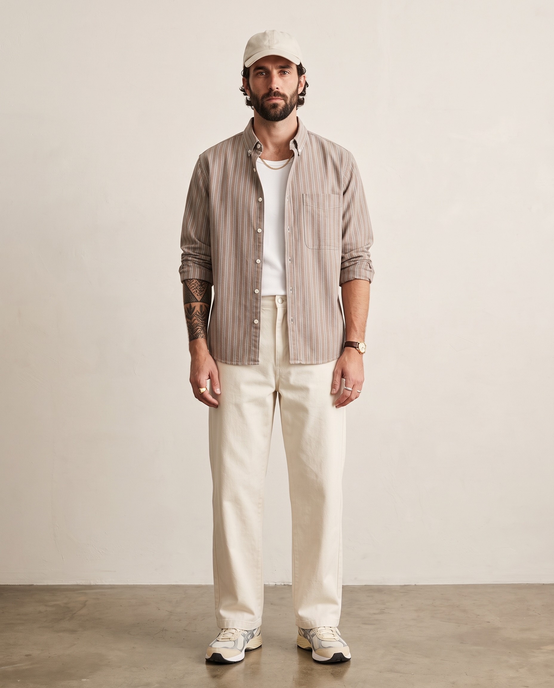 Printed Stripe Cotton Overshirt - Coffee