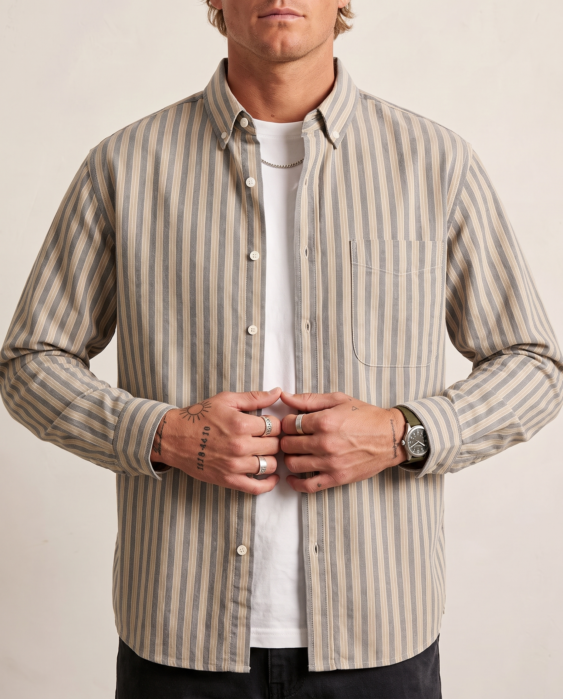 Printed Stripe Cotton Overshirt - Grey