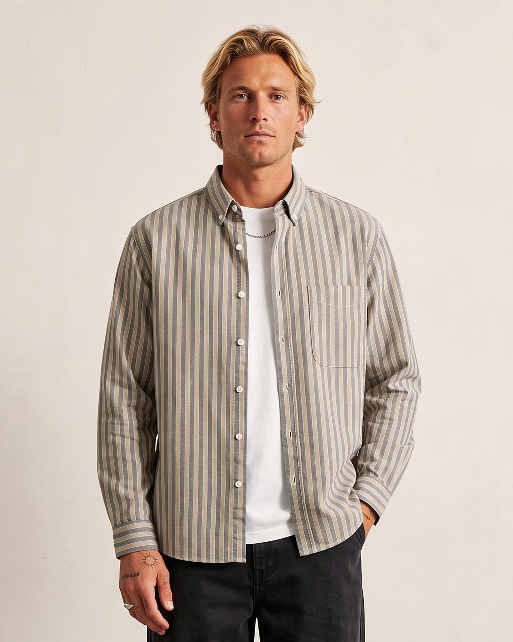 Hipland Printed Stripe Cotton Overshirt Grey front